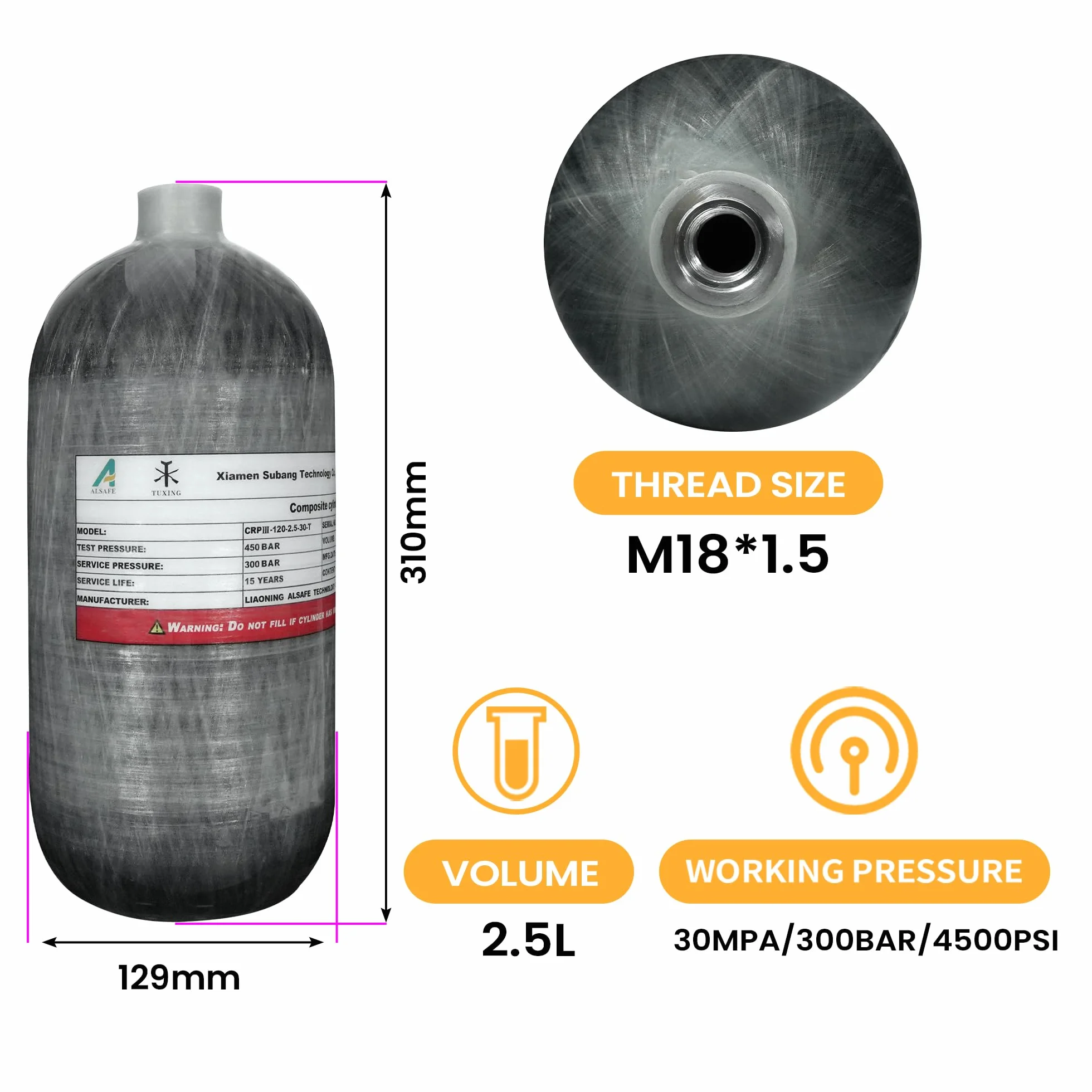 TUXING 4500psi Tanque de Aire de Fibra de Carbono 2.5L Botella Vacía Paintball con Manómetros Manguera Alta Presión M18*1.5