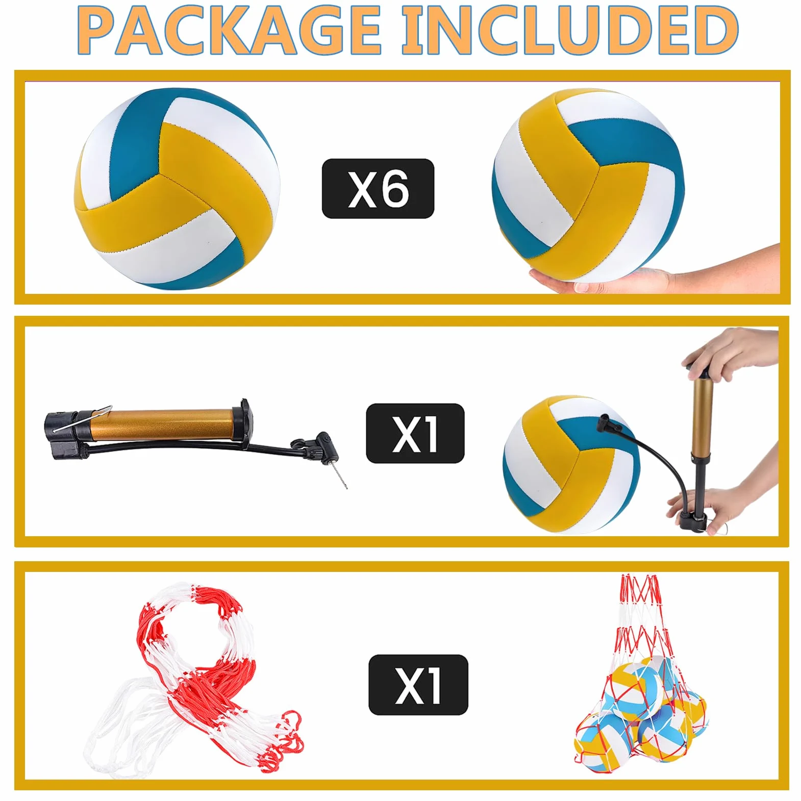 Paquete de 6 pelotas de voleibol, tamaño oficial 5, impermeables, suaves, a granel, con bomba y bolsa de red para interiores y exteriores, playa, arena, agua, piscina, partido de entrenamiento para