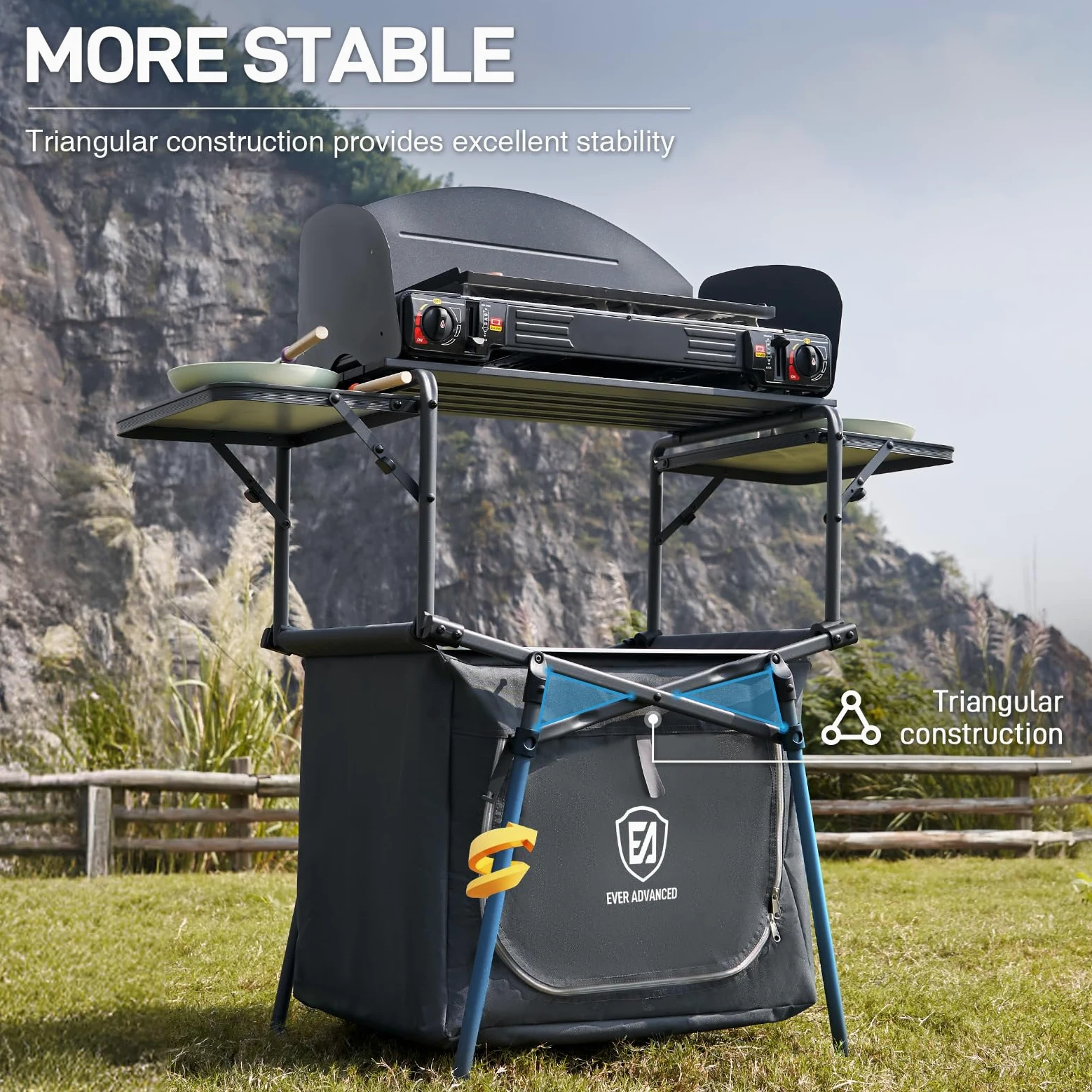 EVER ADVANCED Mesa de camping plegable portátil con bolsa de almacenamiento, mesa de parrilla con parabrisas para cocinar al aire libre, barbacoa, picnic y camping, incluye bolsa de transporte