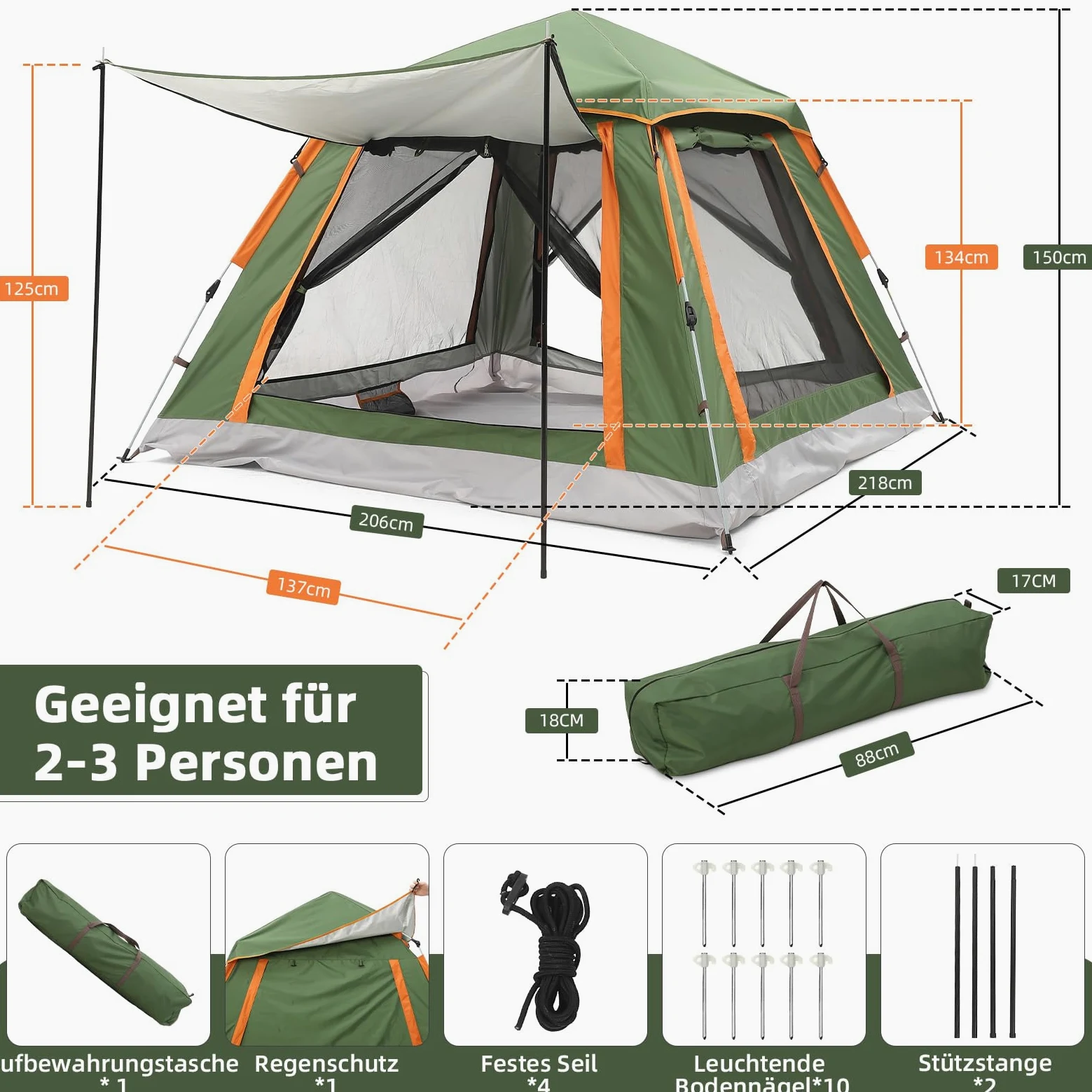 HAUSPROFI tienda de campaña pop up para 2 a 3 personas, toldo para ventana, tienda impermeable automática, doble ventilación, protección contra mosquitos, 2 capas
