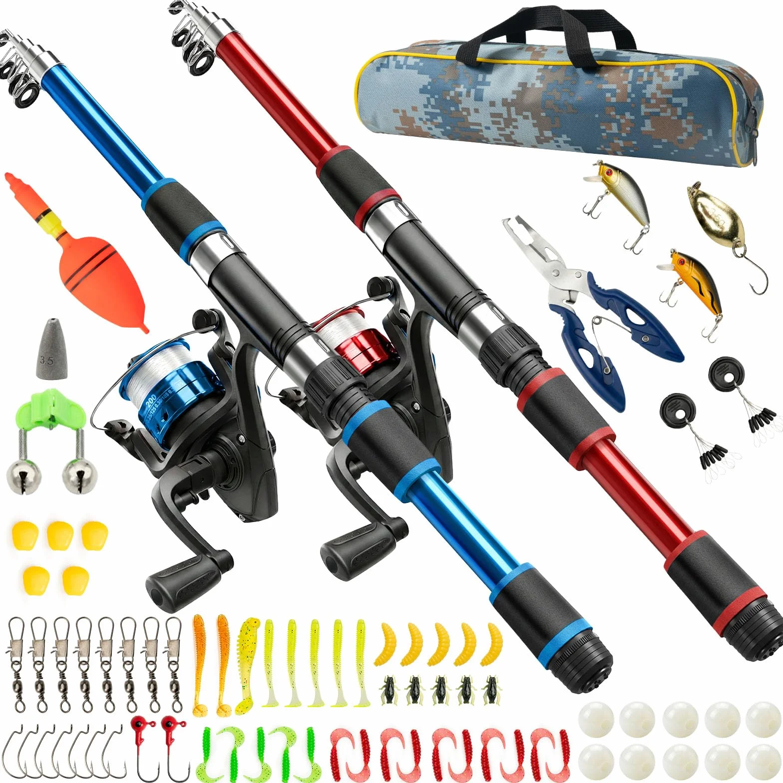 Kit de 2 Cañas de Pescar Niños 1,8m Telescópicas Ligeras 240g, Kit Completo con Carrete Giratorio 5,2:1 Spinning, Señuelos, Accesorios y Bolsa de Transporte, Mar Lago Río, Regalo Principiantes
