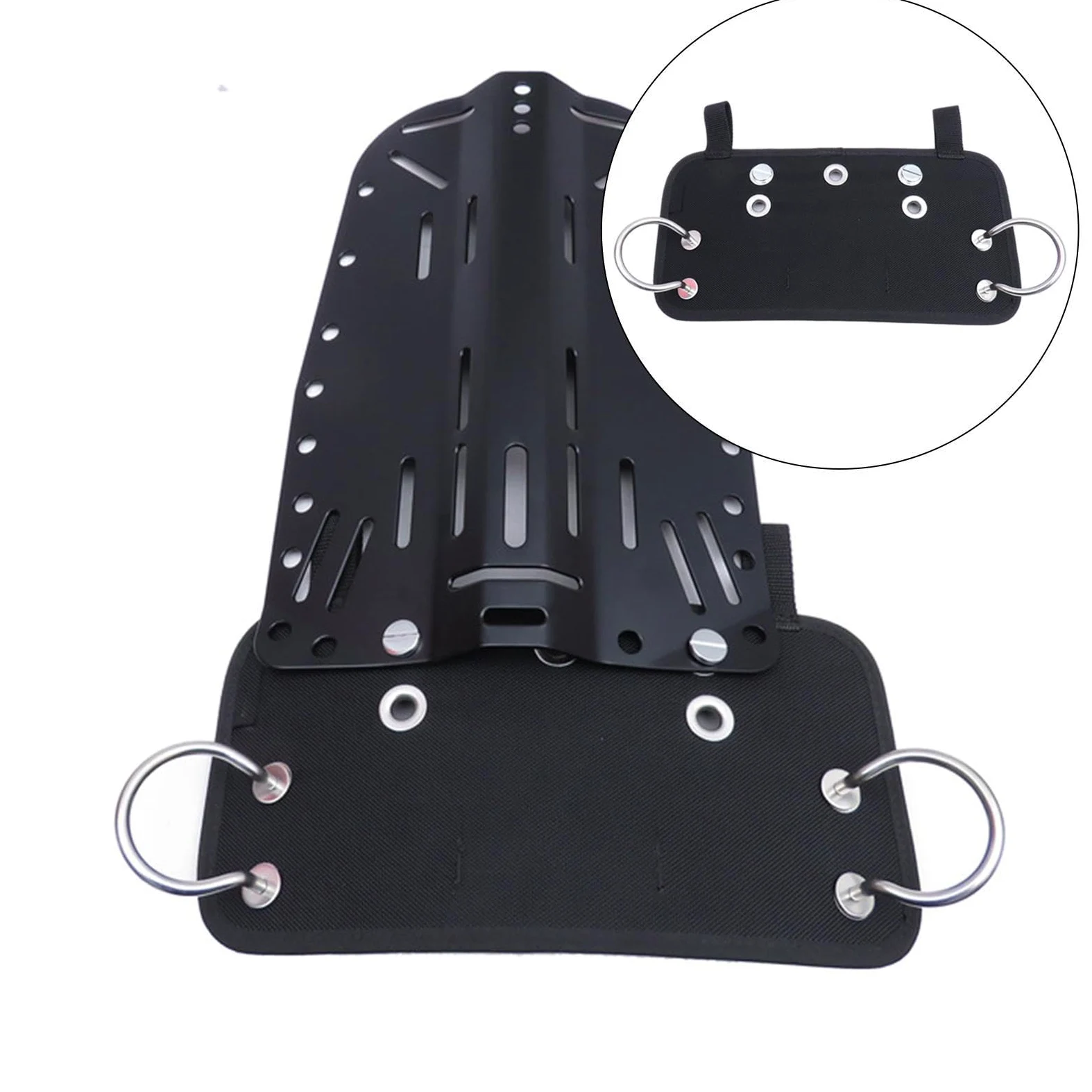 Placa de Culata Lateral de Acero Inoxidable para Buceo técnico. Fijación fiable. Asas robustas. Compatible con Correas Entrepierna Cualquier tamaño. Placa Culata Lateral para Chaleco