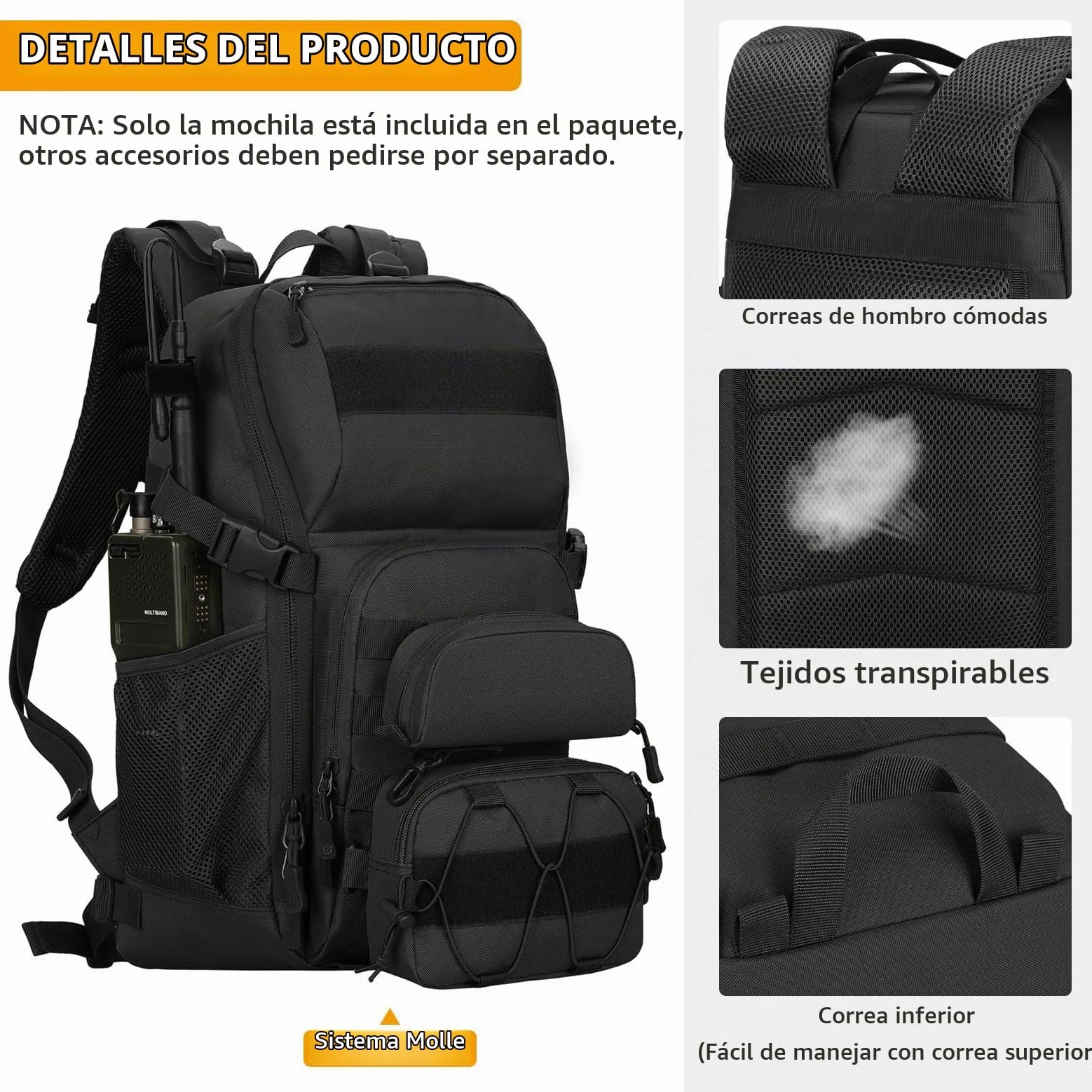 VINBAGGE Mochilas Camping,Mochila Senderismo Mochilas de Viaje Mochila Deporte Mochilas Tacticas Actividades al Aire Libre Acampar/Senderismo/Caza/Montañismo/Montar Bicicleta/30L-Negro