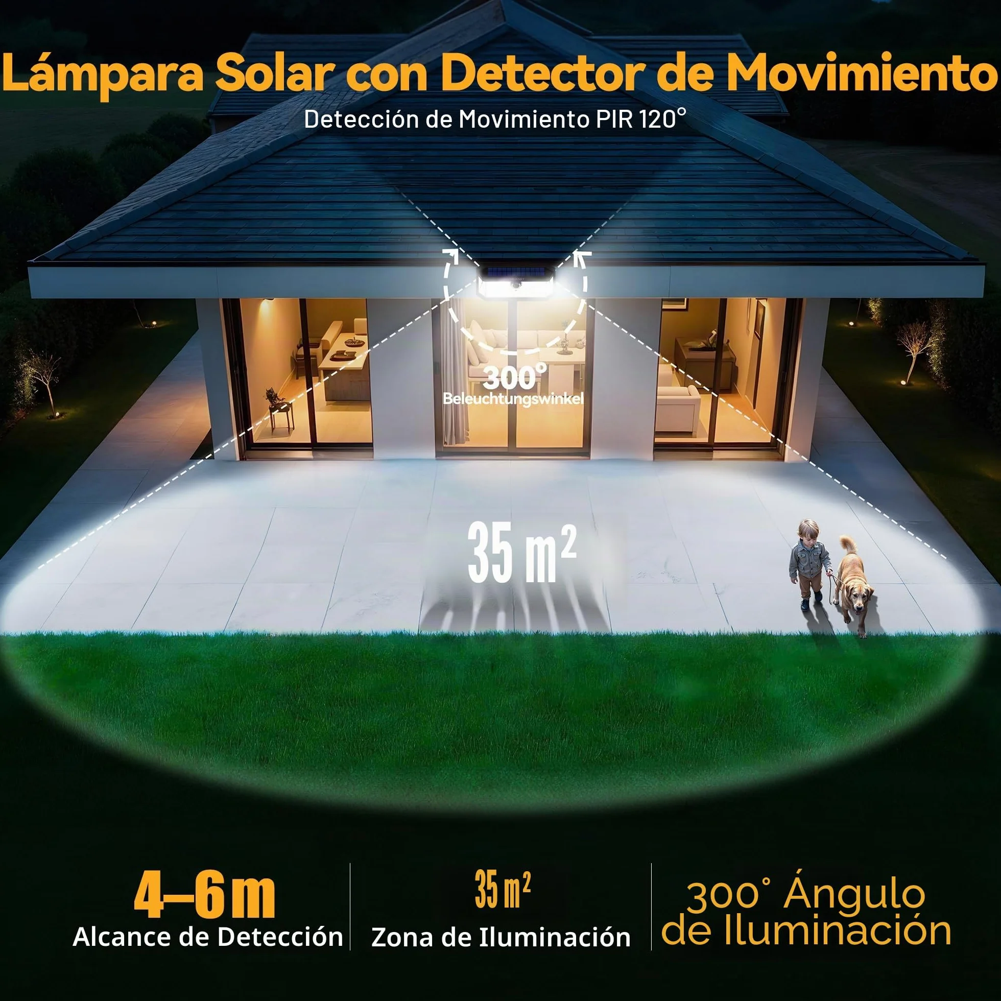 TECKNET Focos Led Exterior Solares, 4200lm 416 LED, 300° Movimiento, 3 Modos, IP66, 2 Paquete