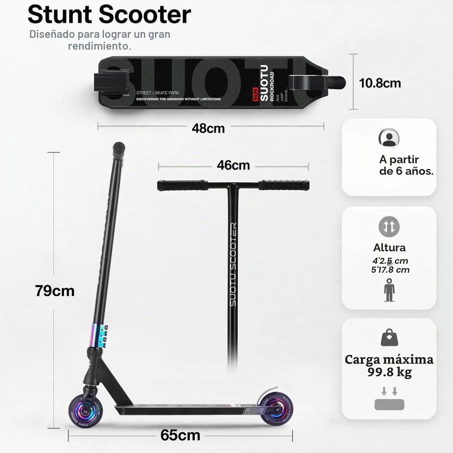 Patinete Freestyle, Dirección de 360°, Ruedas de PU de 85A 100 mm, Scooter Freestyle para Niños Adolescente y Adultos, Capacidad Máxima de Carga: 100 kg, Aluminio