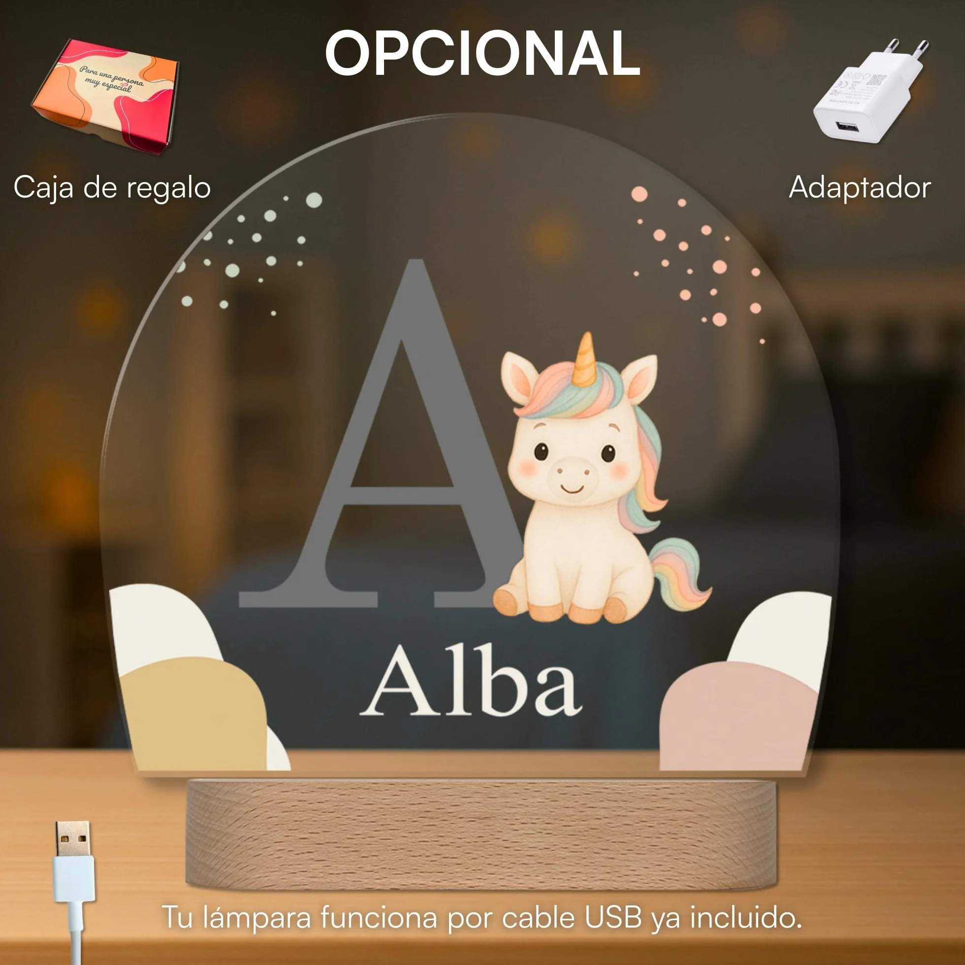 Lámpara Infantil Personalizada con Nombre e Inicial LED Quitamiedos Unicornio Regalo Original Bebé Bautizo Cumpleaños