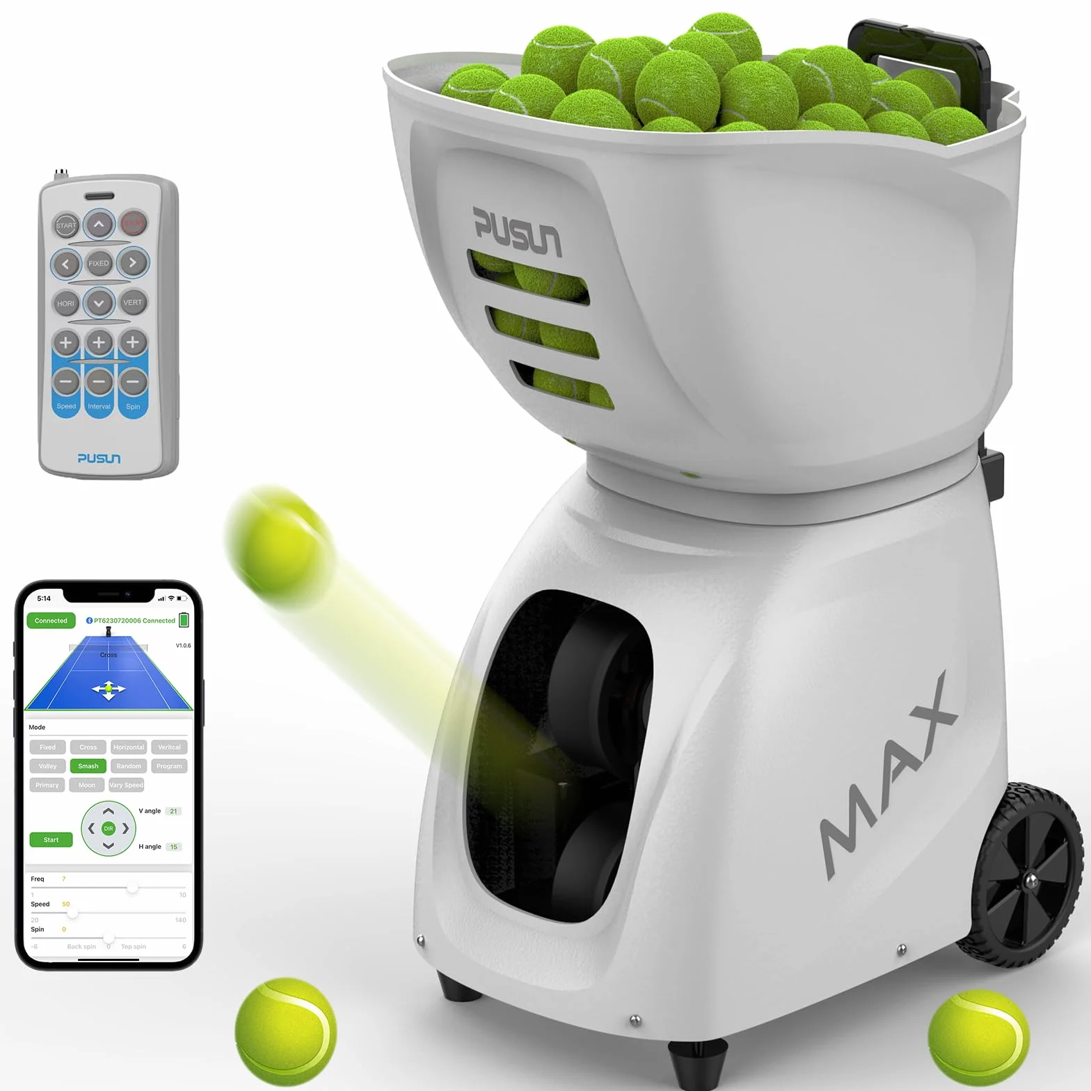PUSUN PT-Max C Máquina de pelotas de tenis entrenamiento profesional compatible app control remoto 145 pelotas múltiples modos