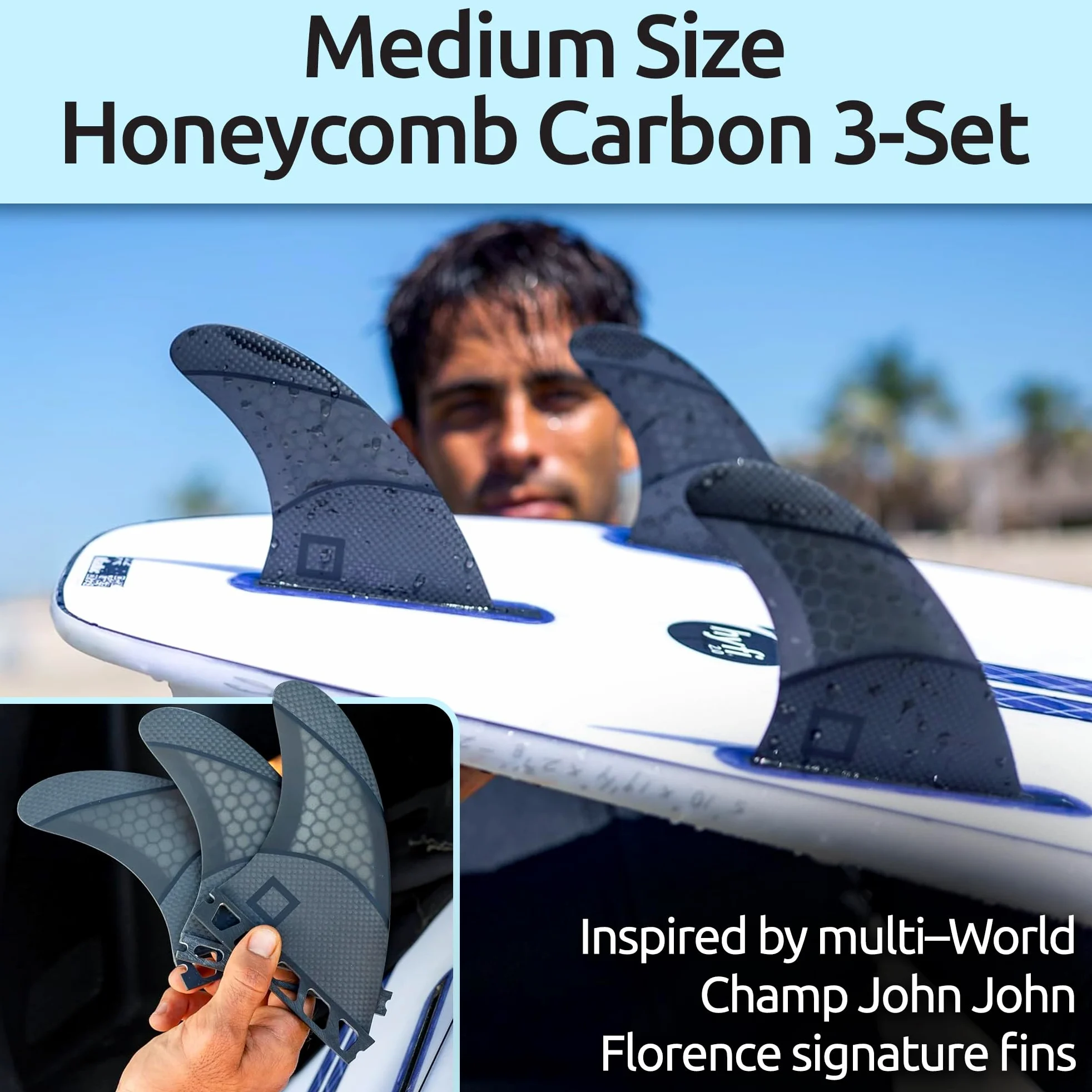 Juego de aletas de empuje mediano (3 aletas), panal con aletas de fibra de carbono para tabla de surf, compatible con tablas de surf Futures de una sola pestaña, monta como Twin o