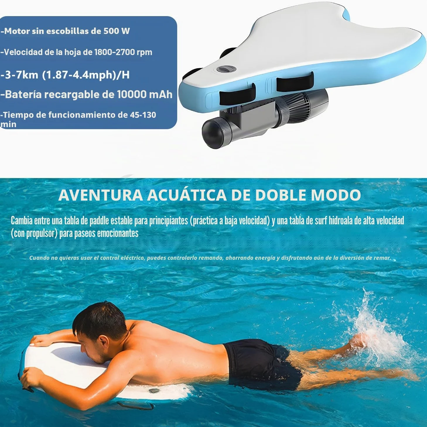 Tabla de surf eléctrica Jet Board, bodyboard inflable con motor SUP de 500 W, batería de 10 000 mAh (40-130 min), velocidad de 3 a 7 km/h, modo dual para principiantes y profesionales 500W10A