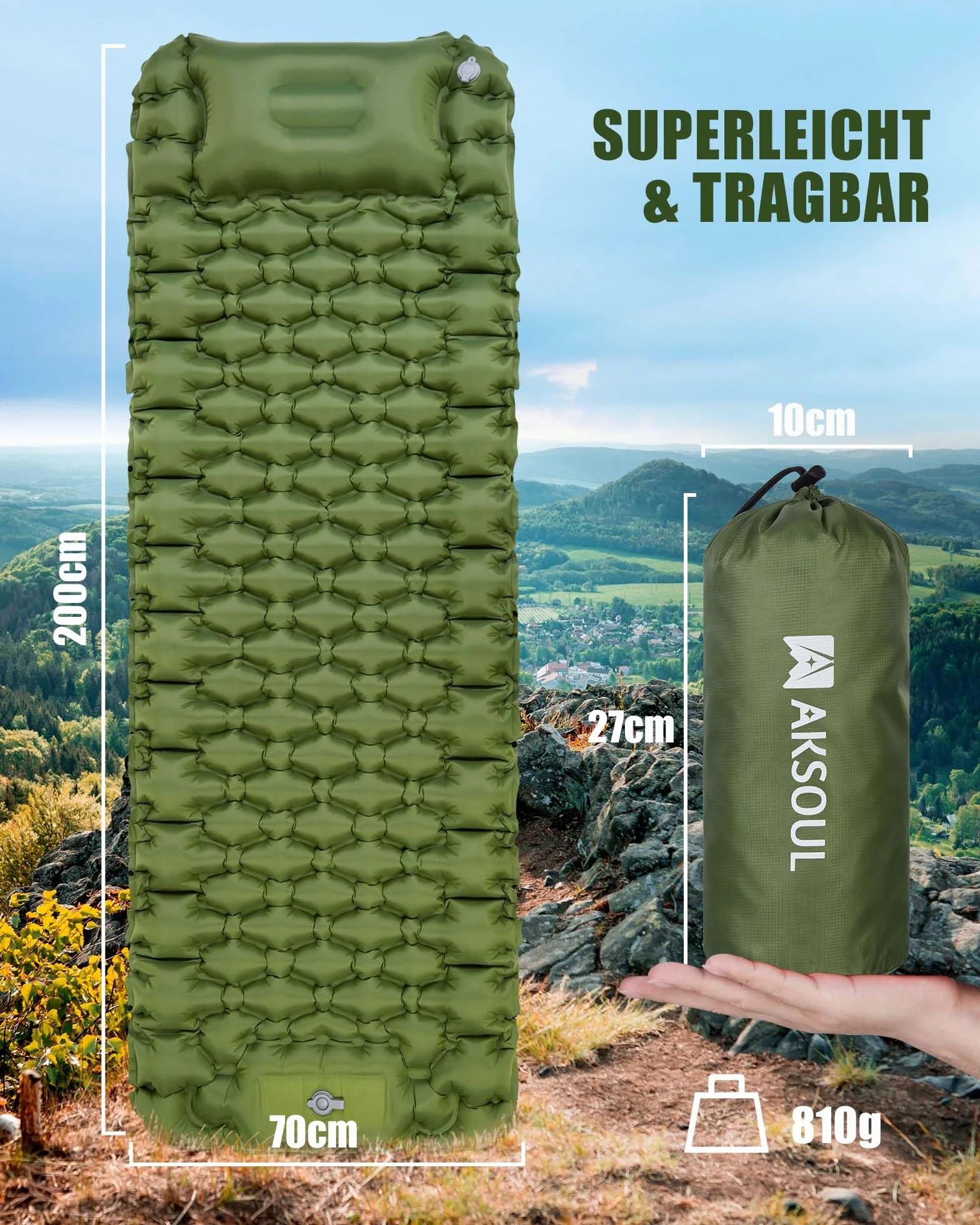 AKSOUL Colchoneta Autoinflable para Dormir para Acampar: Utraligero Esterilla Inflable Portatíl Colchón Individual, concon Bomba de Pie para Camping, Exteriores, Viaje