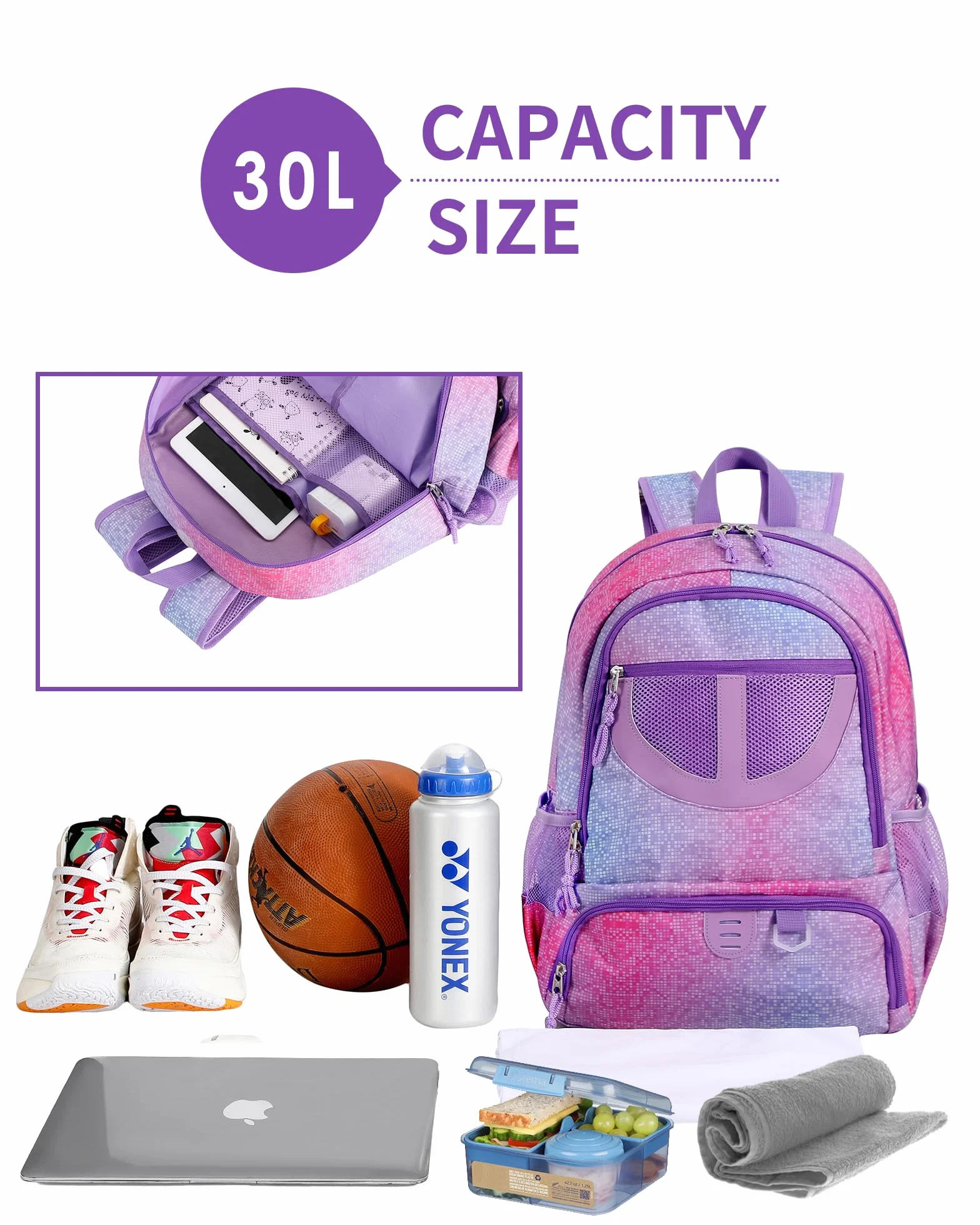 Mochila de baloncesto 30 L compartimento para pelota y zapatos transpirable