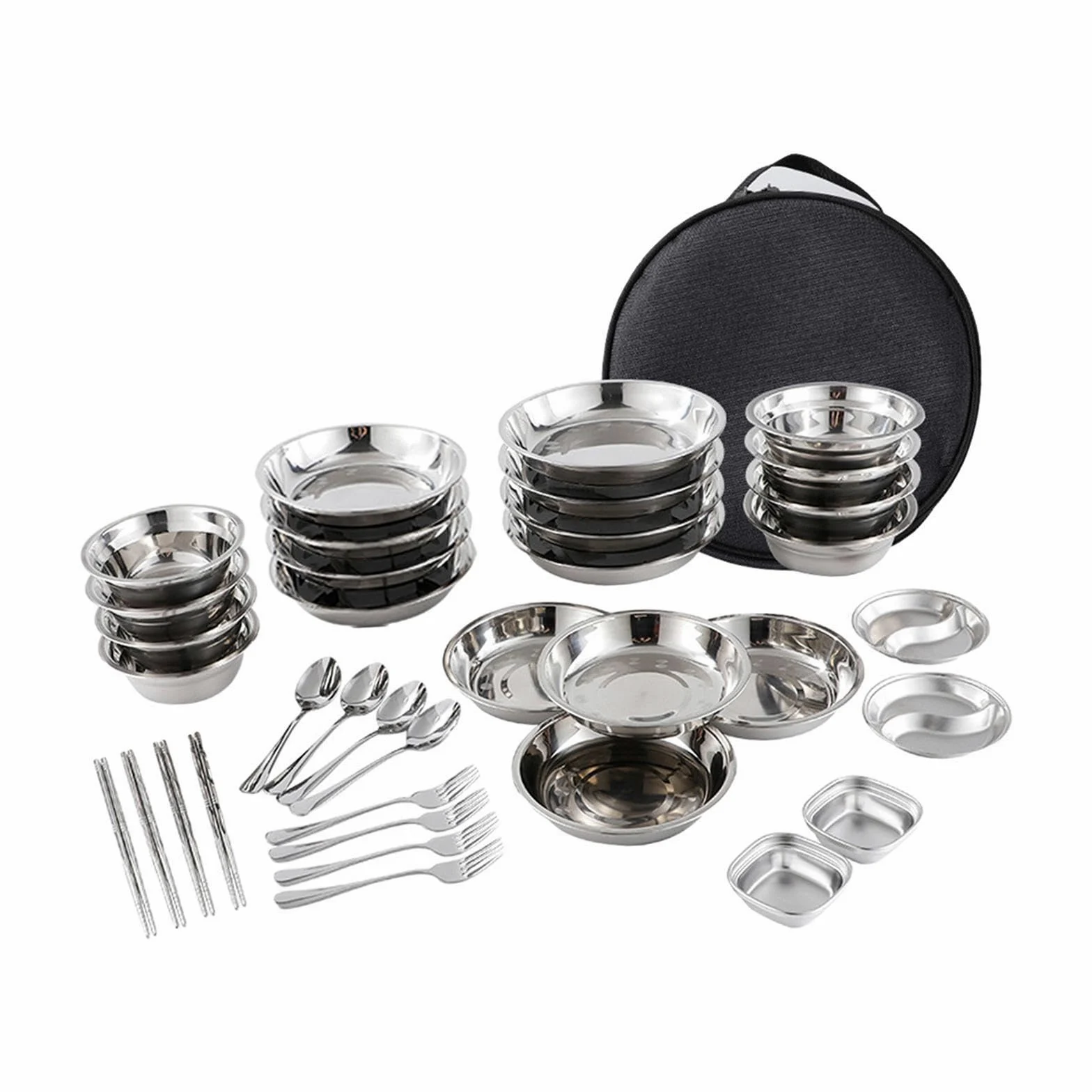 Juego de cocina portátil para exteriores, platos y cuencos de acero inoxidable, utensilios de camping para una limpieza fácil, juego de cubiertos, 36 piezas