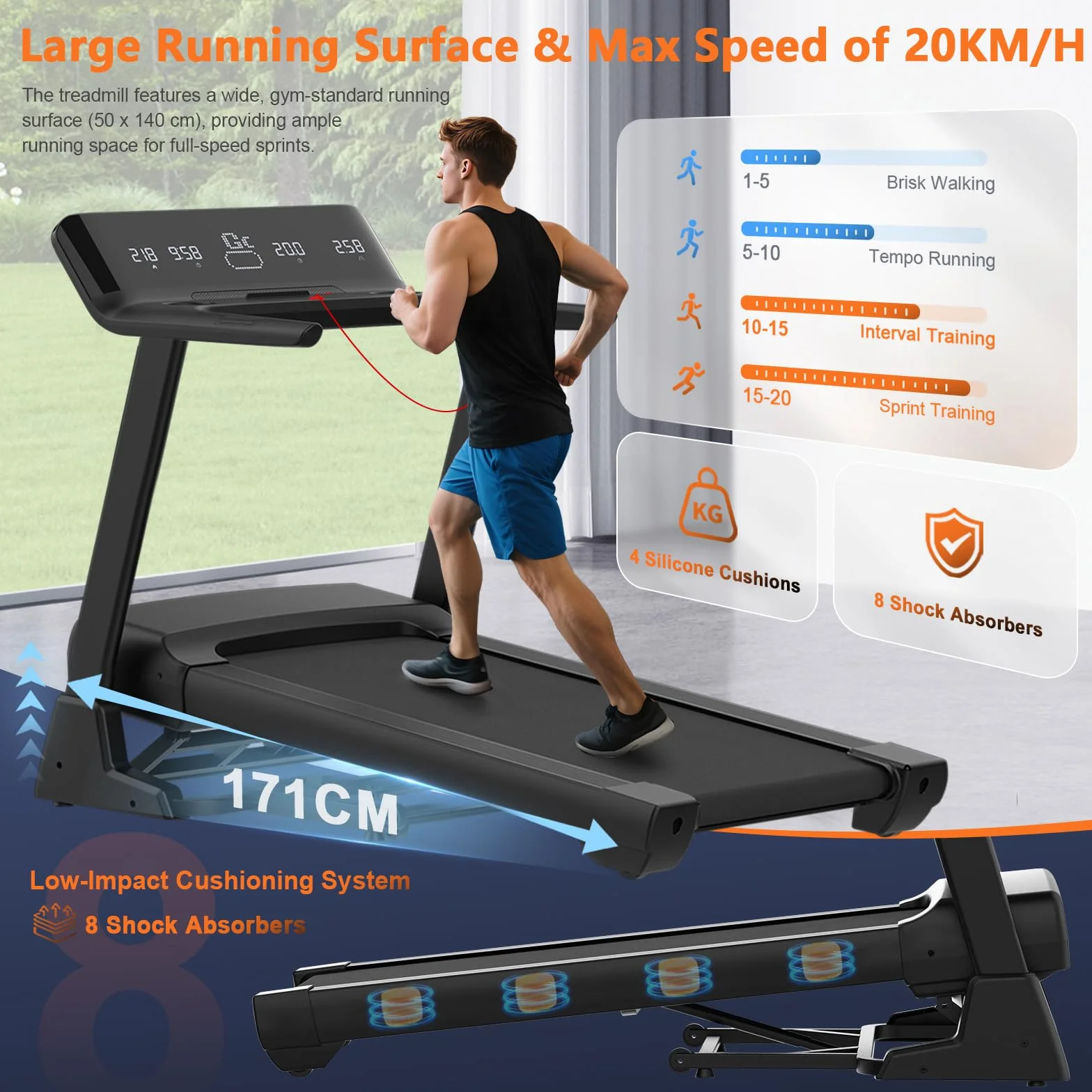 Cinta de Correr, 7HP Cinta de Correr Plegable con Inclinación del 20%, Velocidad de 1 km/h a 20 km/h, Monitor LCD y Compatible con la Aplicación, Capacidad de Peso de 200 kg, Portavasos de Agua