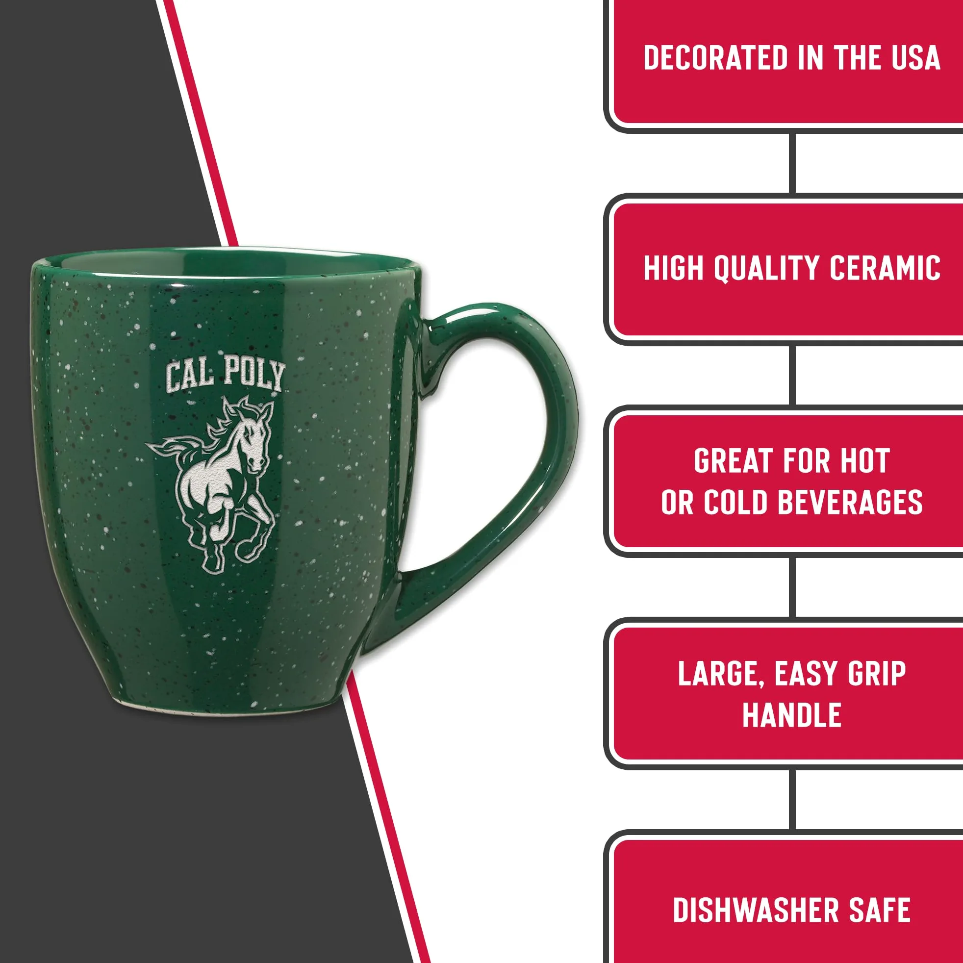 Rico Industries NCAA Cal Poly Mustangs - Taza de café de cerámica moteada grabada con láser, color verde, 16 onzas