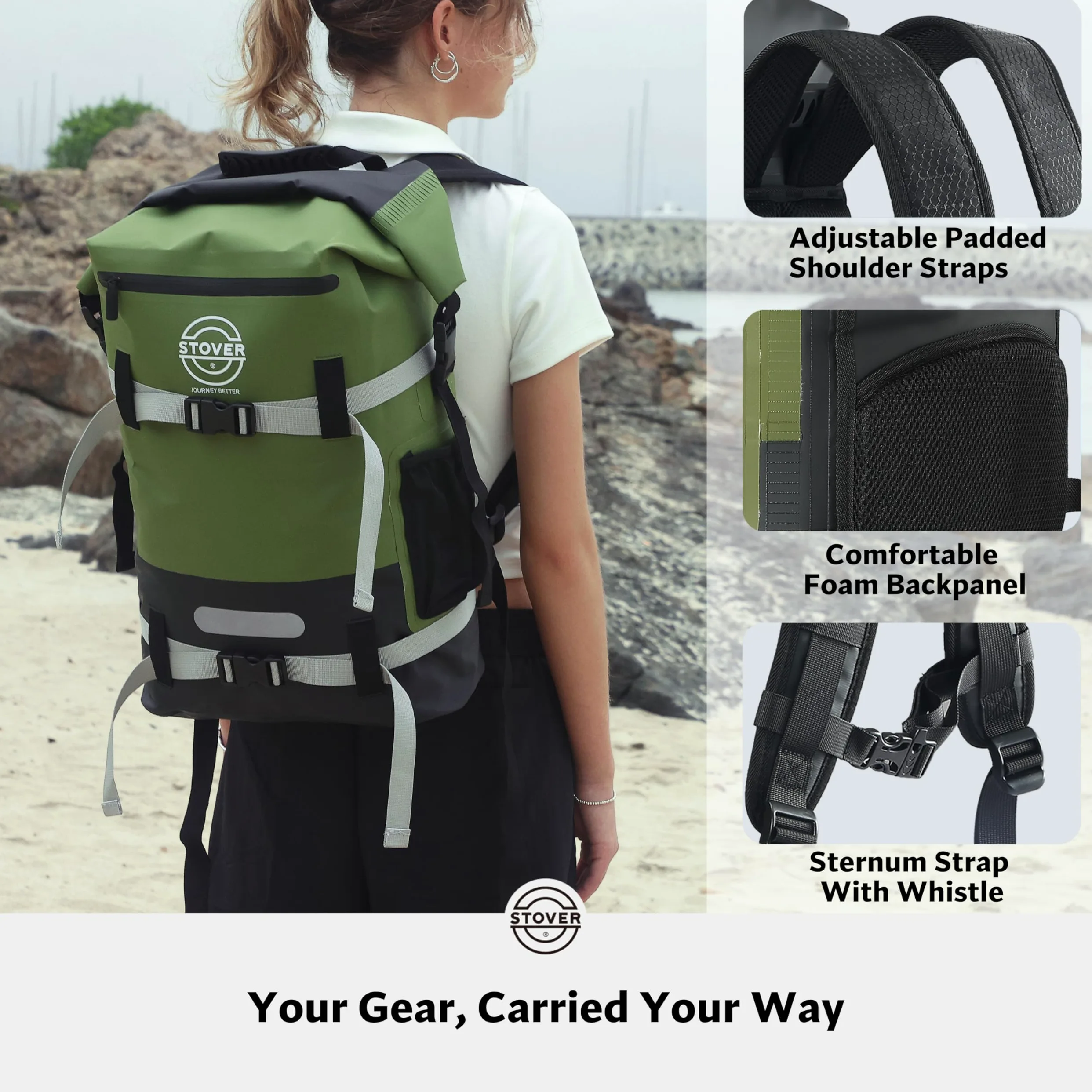 STOVER Bolsa seca impermeable de 25/30/40/55 L, mochila seca resistente con parte superior enrollable para kayak, canotaje, camping, hombres y mujeres, Verde, 40L US, Bolsa seca