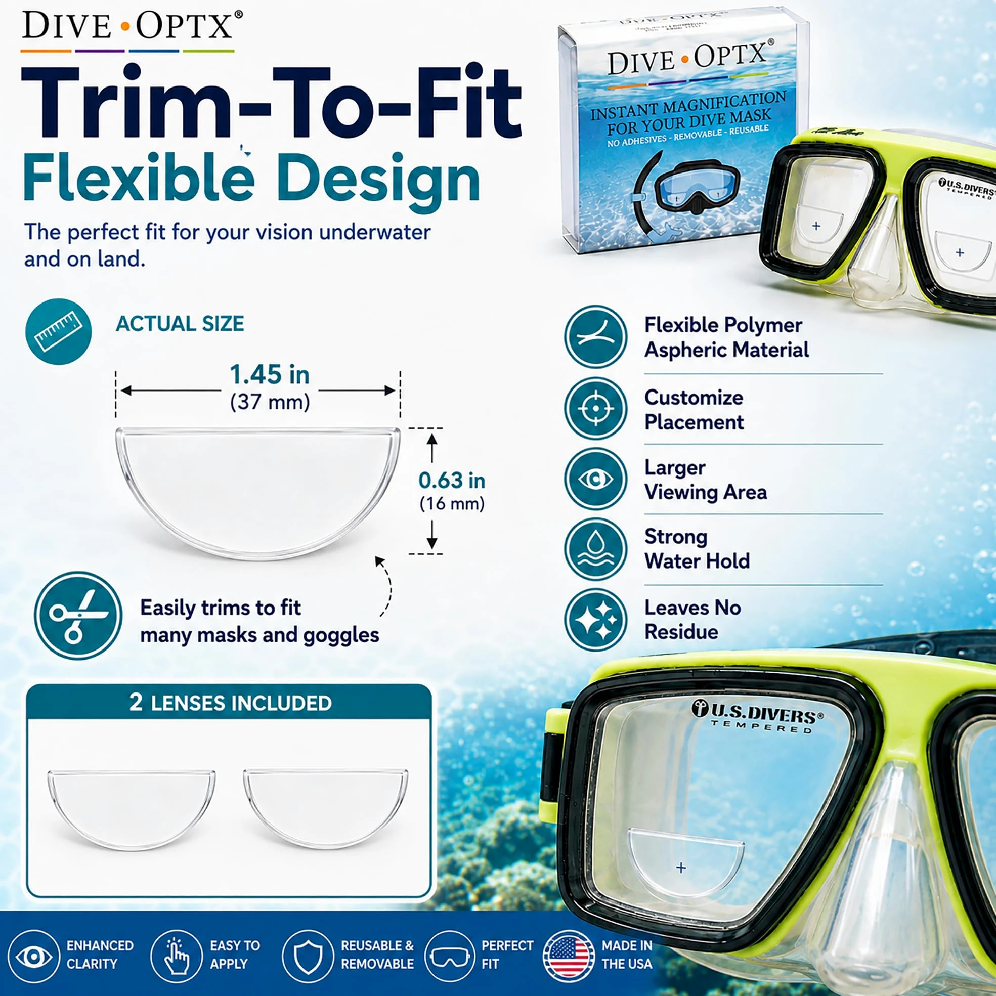 Calabria Hydrotac Dive OPTX - Lentes bifocales adhesivas para máscaras de buceo y gafas de buceo, activadas por agua, lectores reutilizables, Diameter: 1.6 Inches