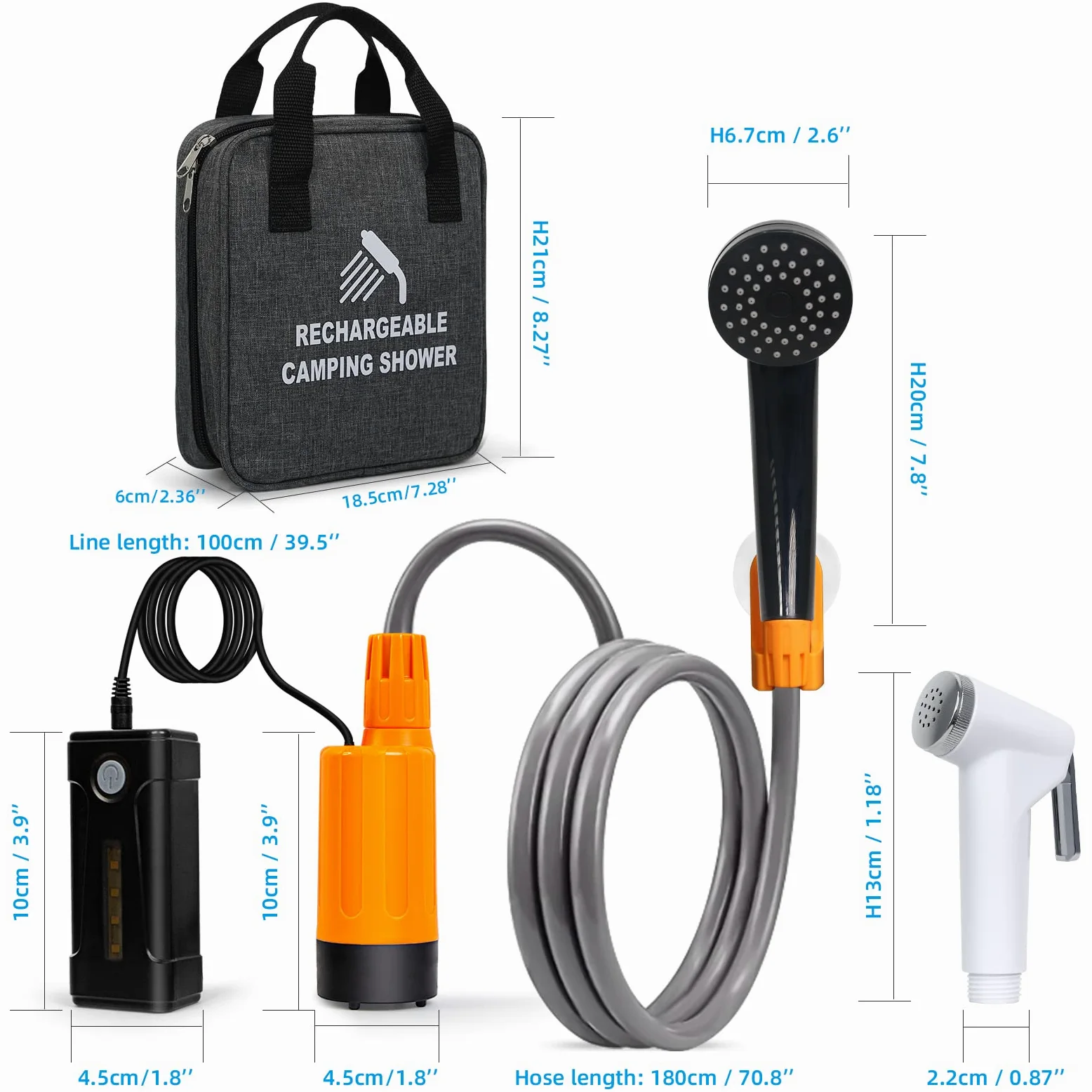 Ducha de camping portátil,luz LED,carga USB,bolsa de transporte portátil,bomba de ducha eléctrica,Con cabeza de ducha y aspersor,adecuada para senderismo/camping,playa,mascotas,al aire libre