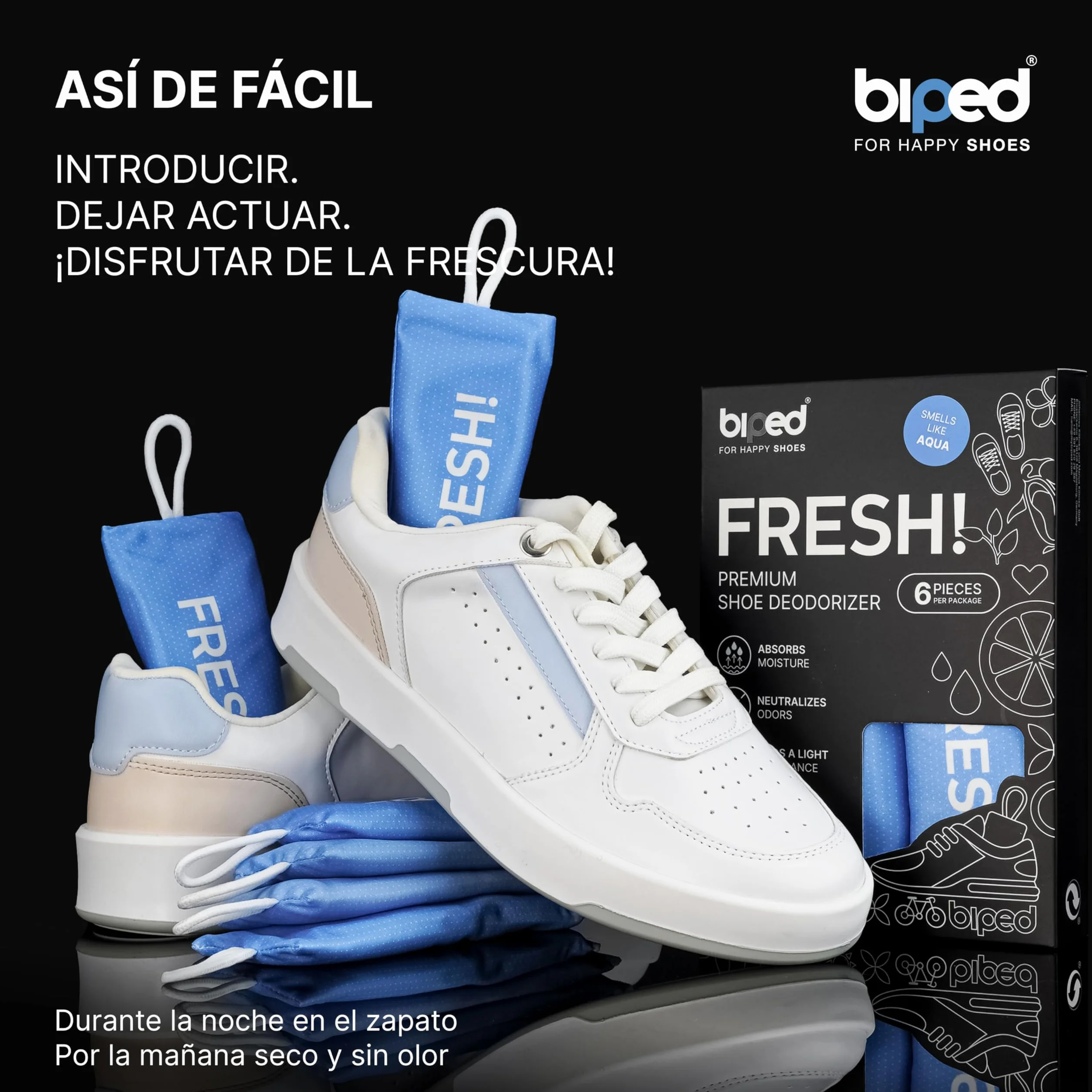 Biped FRESH! Desodorante Premium para Calzado – Cojín Aromático con Carbón de Bambú Activo – Elimina Olores y Sudor – 6 Piezas