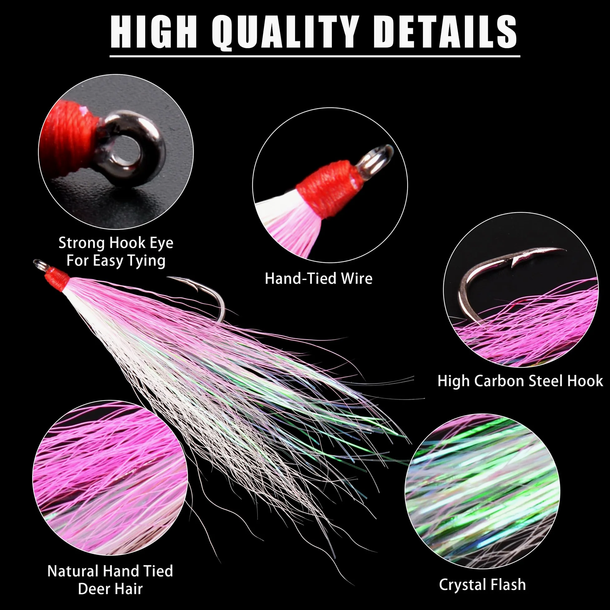 10 piezas Bucktail Teaser con ganchos de pesca, 5 colores, señuelos de pesca de cola de hebilla crastal Mylar Flash Faldas para trucha salmón mezcla de colores