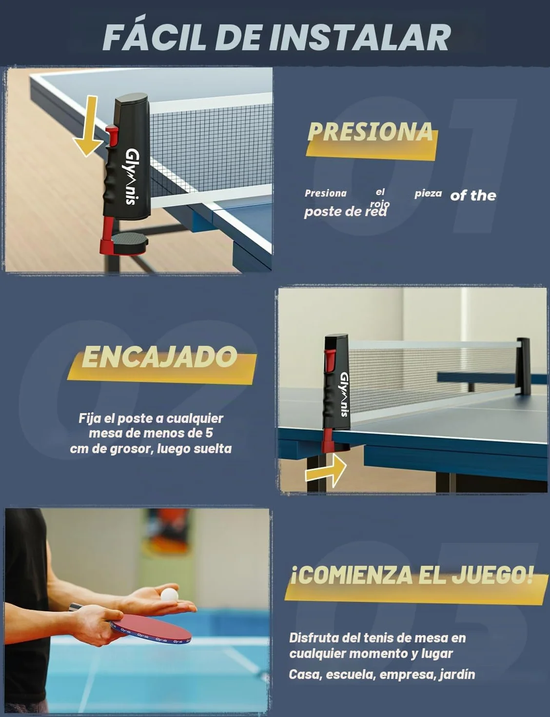 Glymnis Juego de Tenis de Mesa portátil con Red retráctil, Bates y Pelotas de Ping Pong de 3 Estrellas, Bolsa de Almacenamiento, Kit Todo en uno Premium