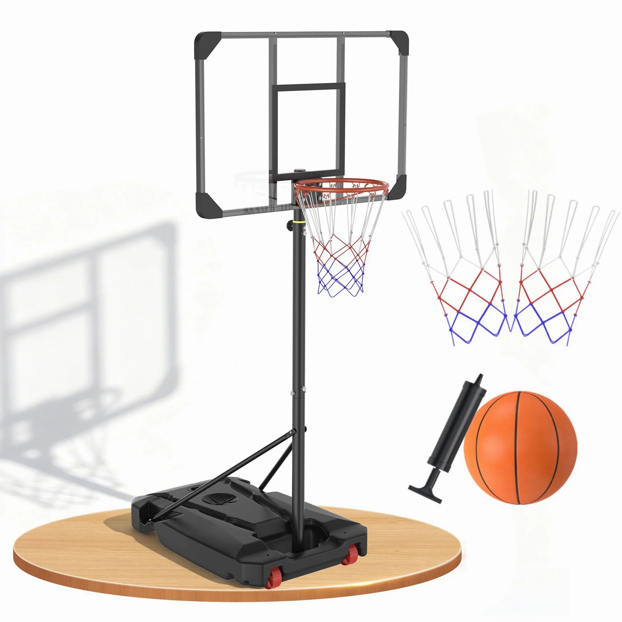 NAIZY Canasta de baloncesto para exteriores, altura ajustable, 150-260 cm, móvil con soporte | Canasta de baloncesto para interior con ruedas, 40 kg, rellenable con pelota de baloncesto y bomba para adultos