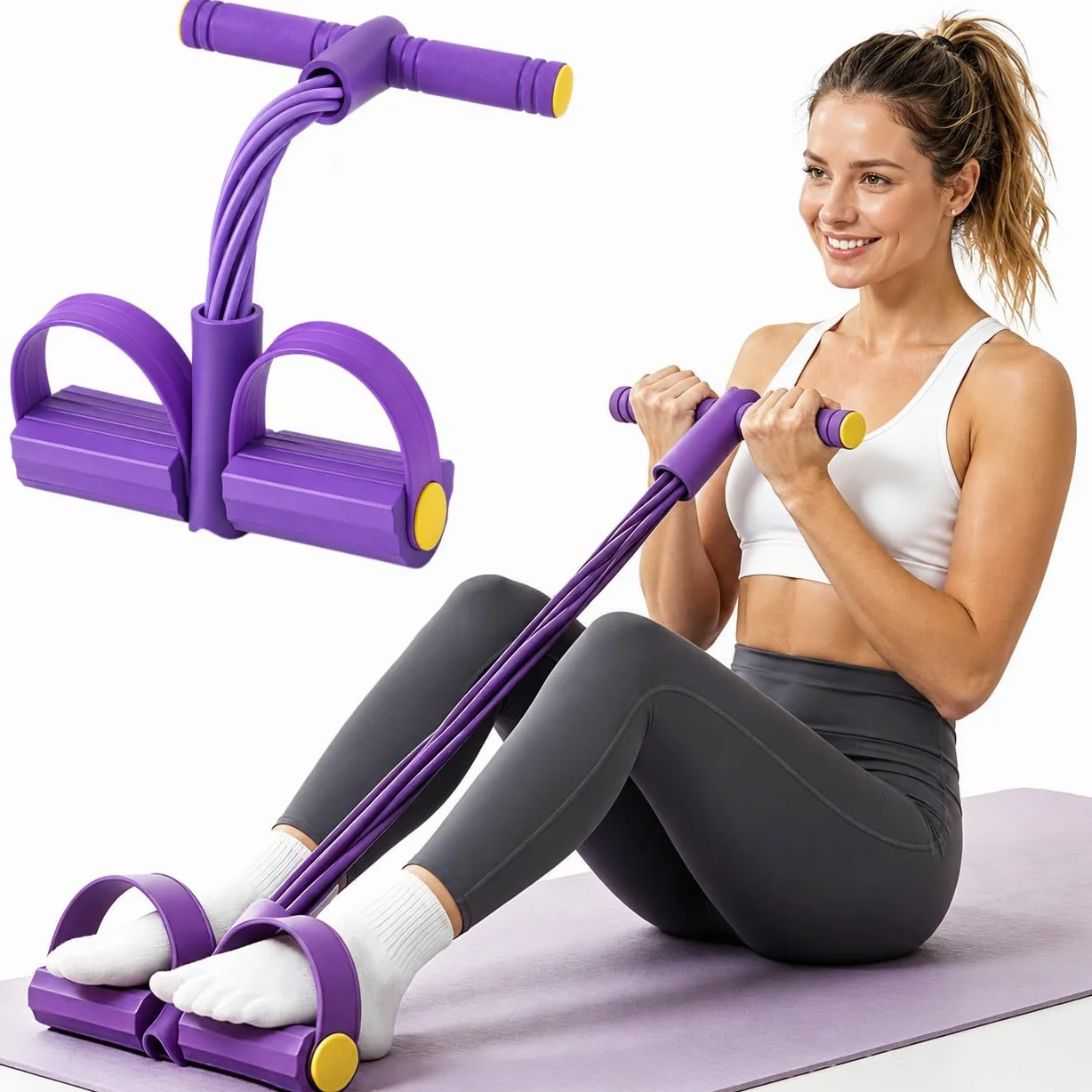 Banda de resistencia de pedal de 8 tubos con mango, banda de resistencia de pedal de pie, pedal de entrenamiento de tensión manual versátil para entrenamientos en casa, objetivos de piernas, espalda