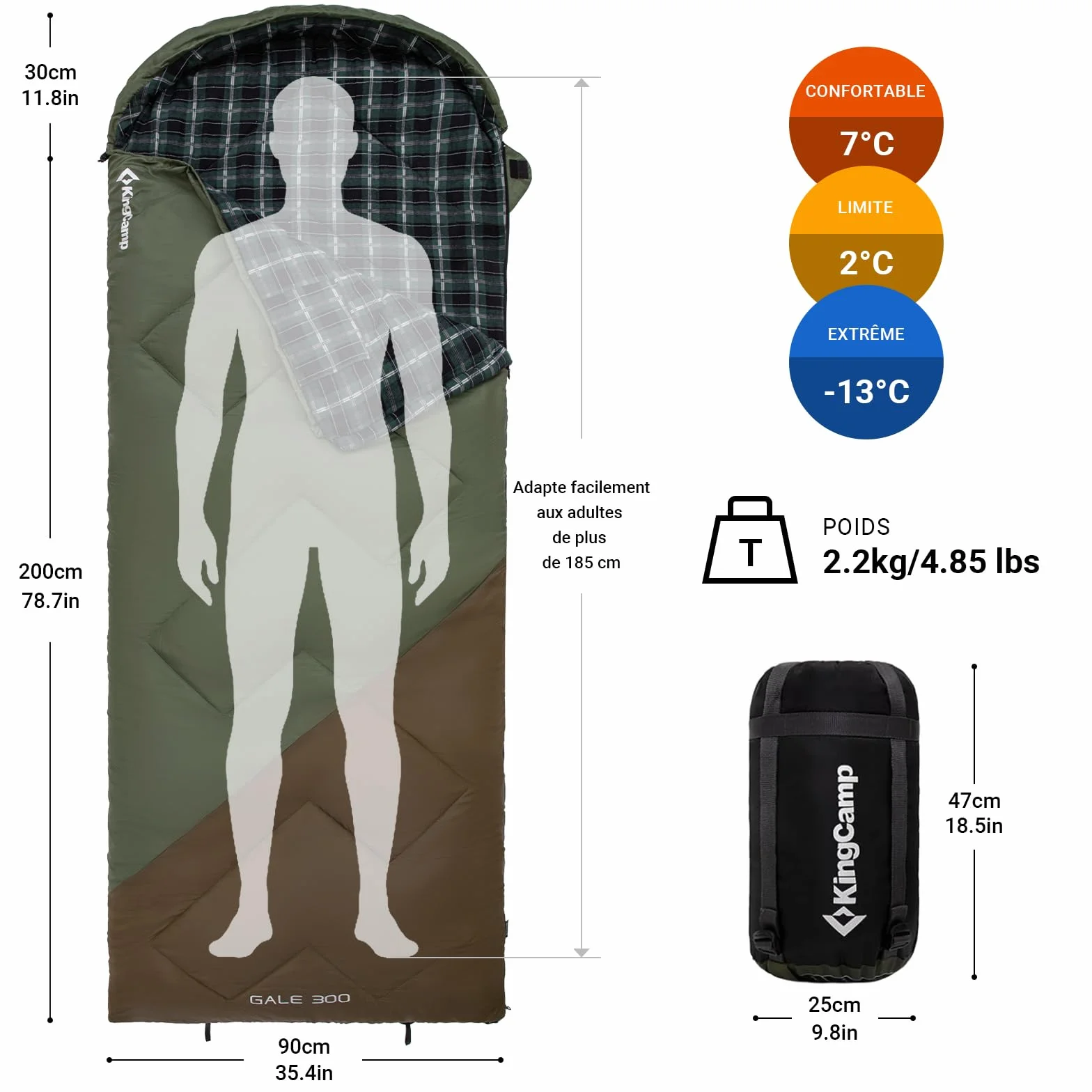 KingCamp Saco de Dormir Adulto XXL de Franela de Algodón, 230 x 90 cm, Cálido, para 3 o 4 Sstaciones, para Acampar y Viajes, con Capucha y Saco de Compresión.