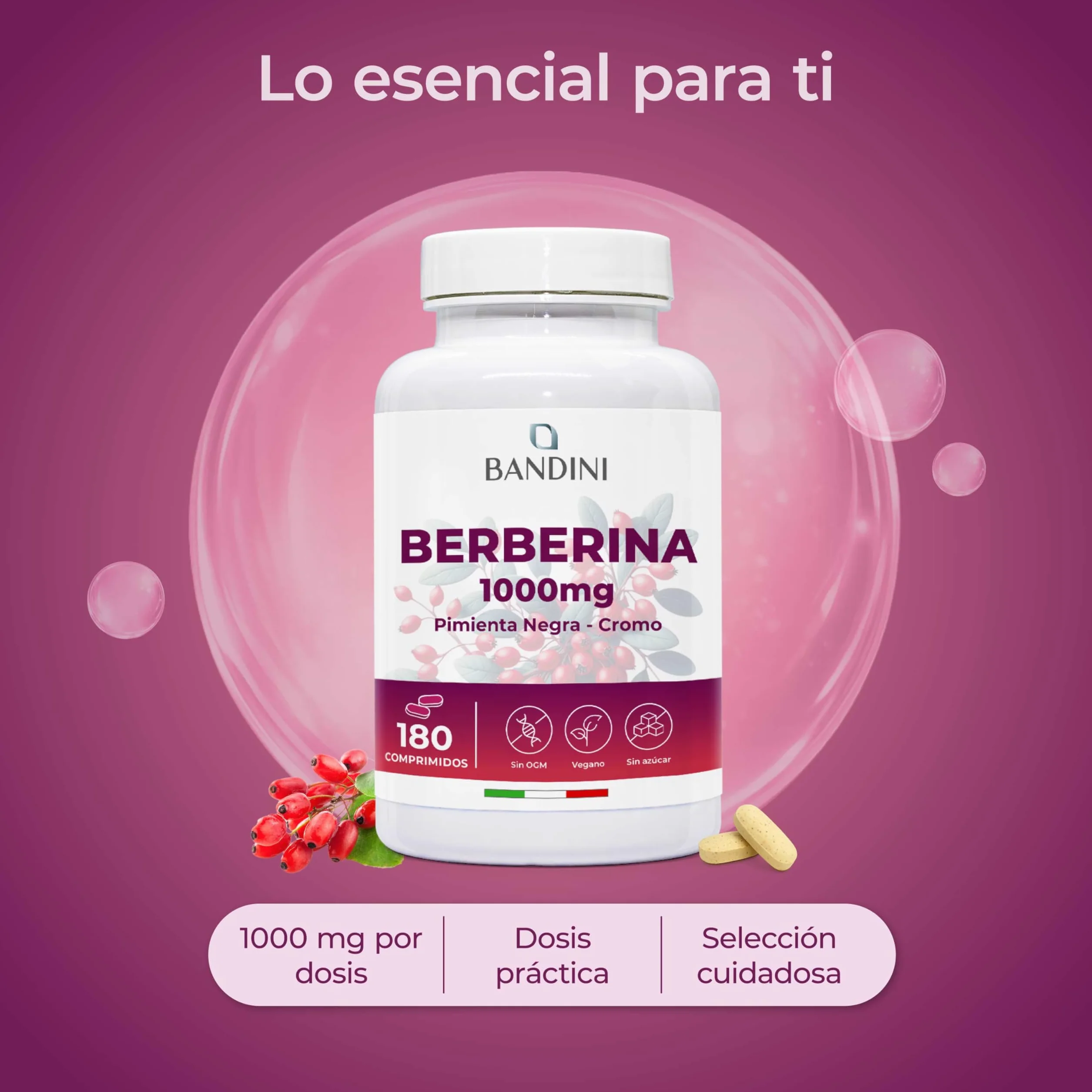 Bandini Berberina 1000mg 180 comprimidos veganos Berberis Aristata 97% Cromo Pimienta Negra