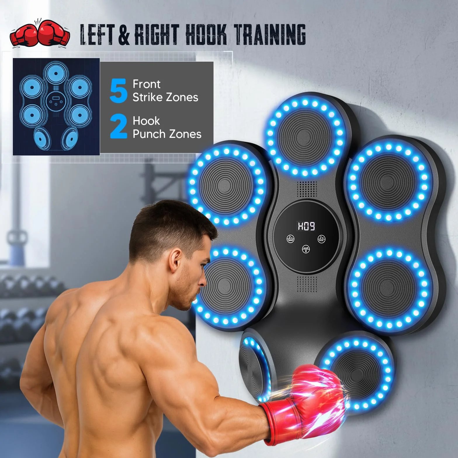 Maquina Boxeo Pared Musical con Bluetooth y Pantalla LED, 9 Velocidades, 11 Modos Entrenamiento