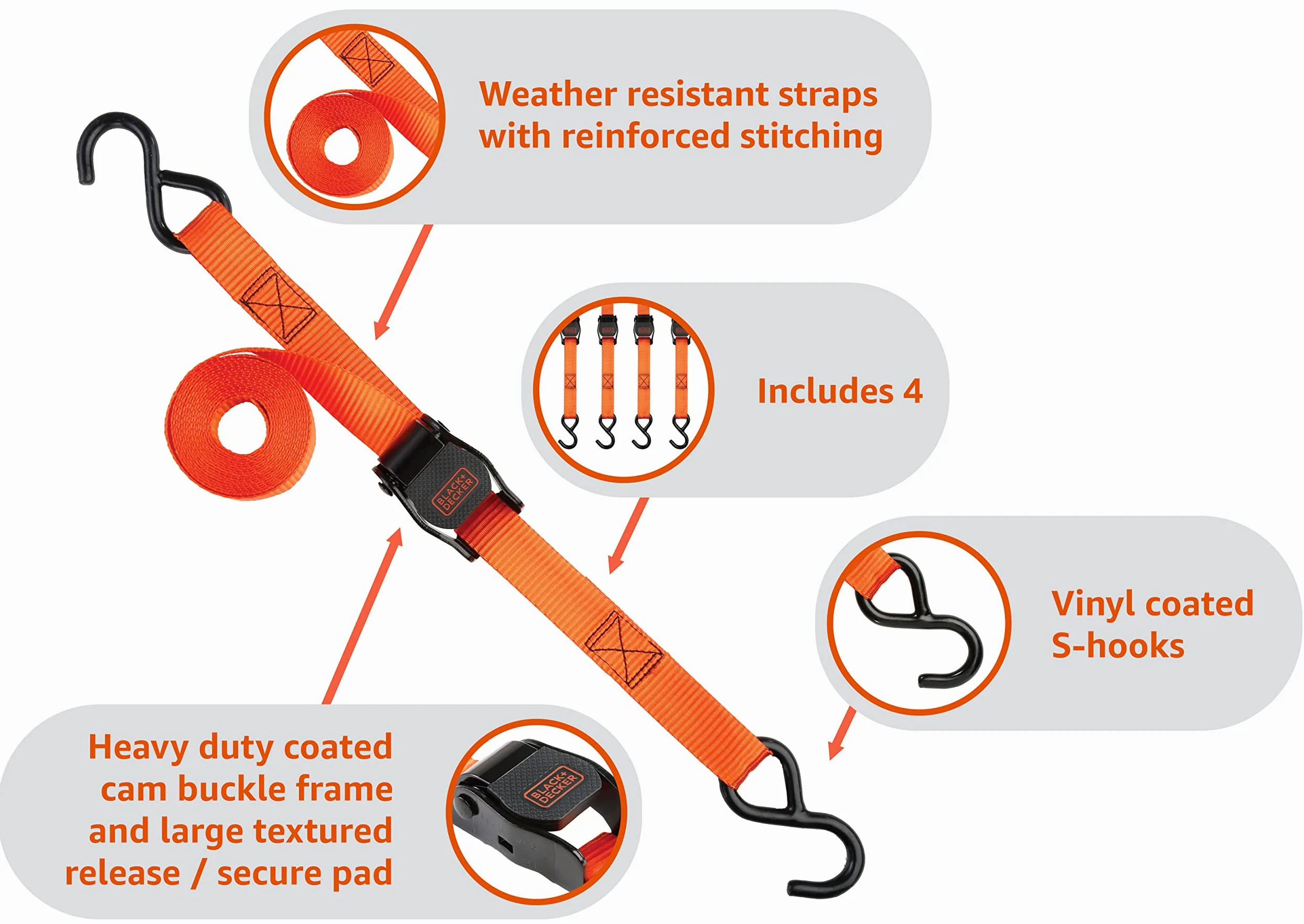 BLACK+DECKER BDX1017 - Kit de amarre de 17 piezas con cuerda de remolque de 14 pies, correas de hebilla de leva de lujo de 1 pulgada x 10 pies y cuerdas elásticas de correa plana de 24 y 36 pulgadas