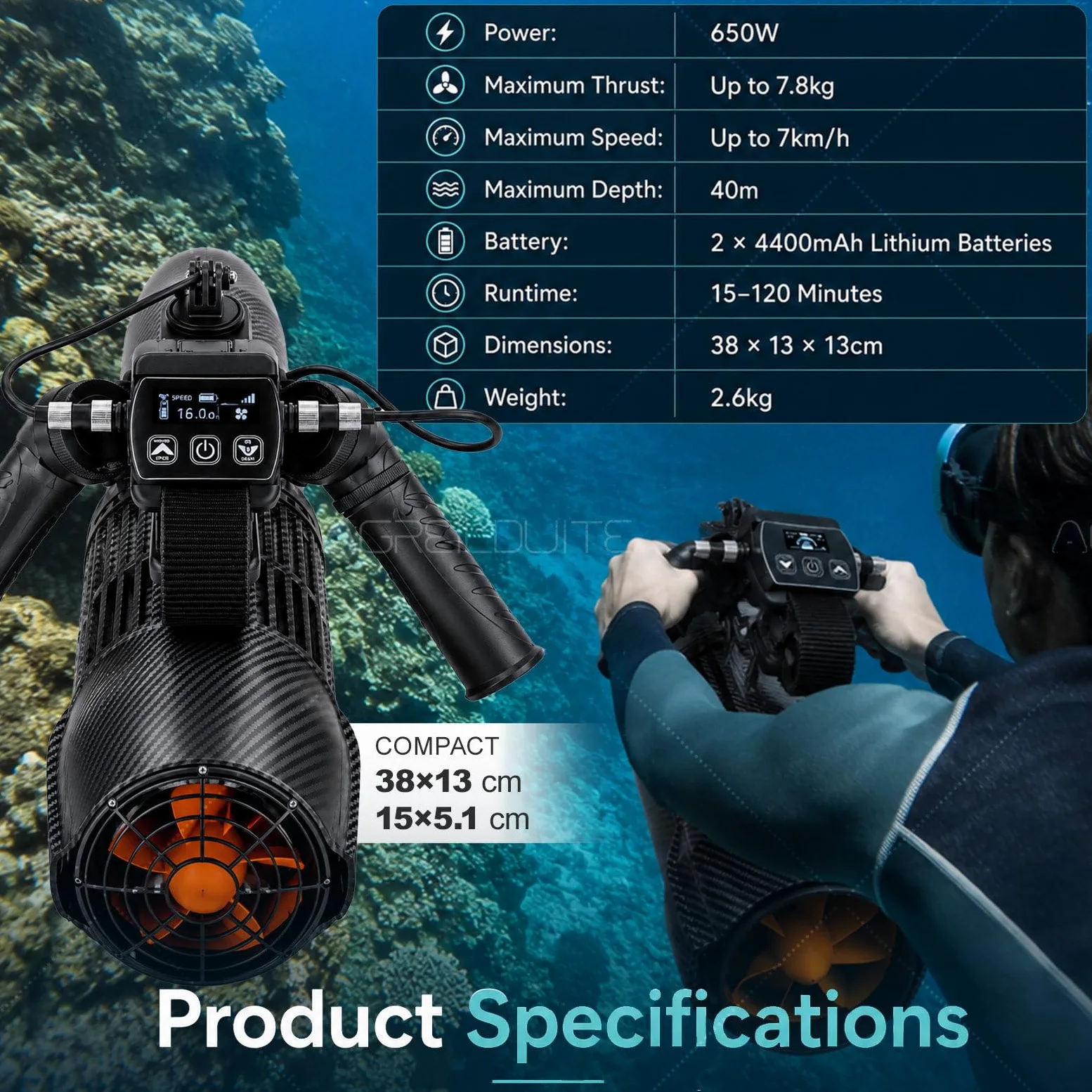 Scooter Subacuático/Propulsor Submarino | Doble Batería De 4400 Mah, hasta 120 Minutos De Autonomía, Velocidad Máx. De 7 Km/H | Compatible con Aletas Eléctricas para Sup
