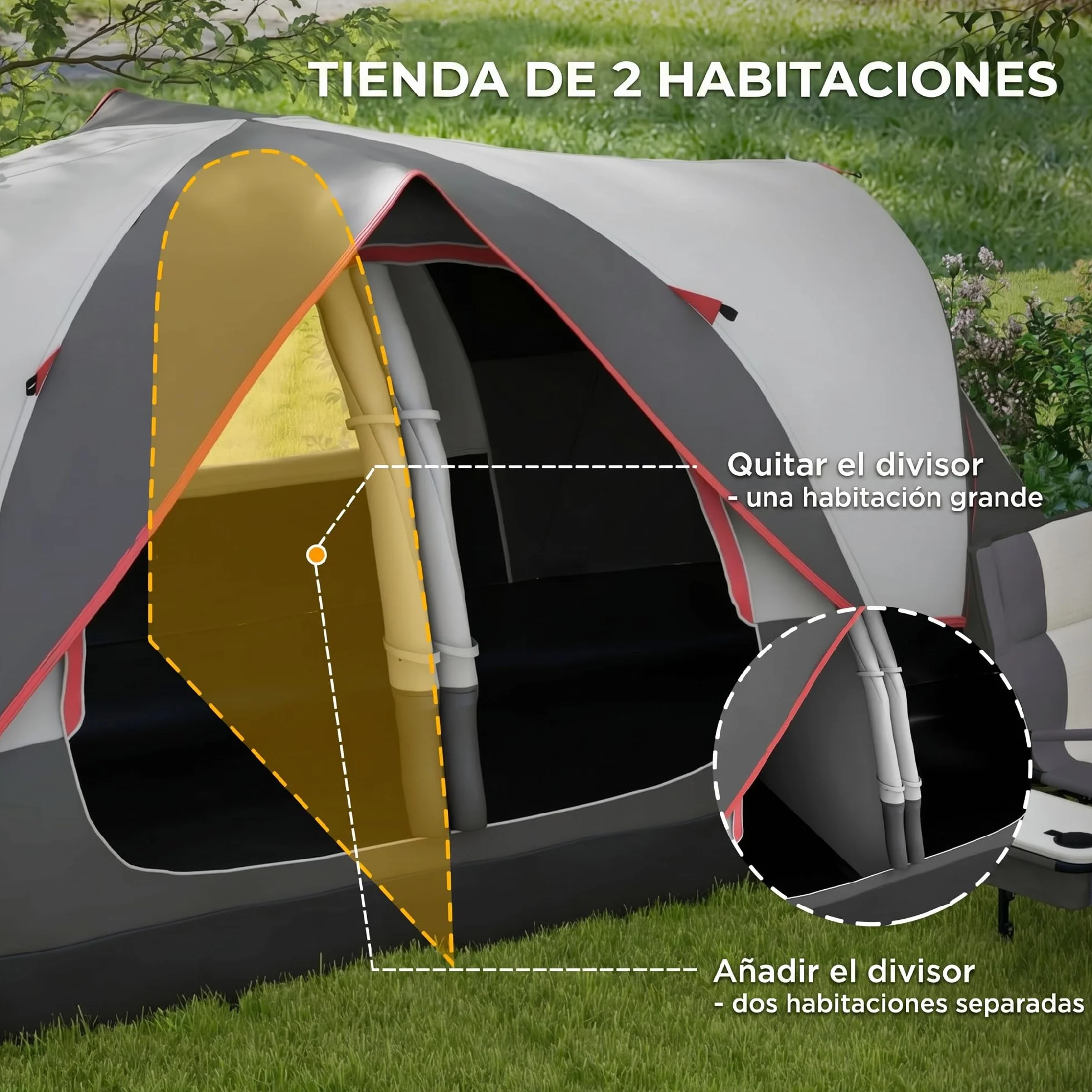Outsunny Tienda de Campaña Familiar para 6-8 Personas Tienda de Camping Plegable con 2 Habitaciones y Bolsa de Transporte Impermeable para Senderismo 450x215x180 cm