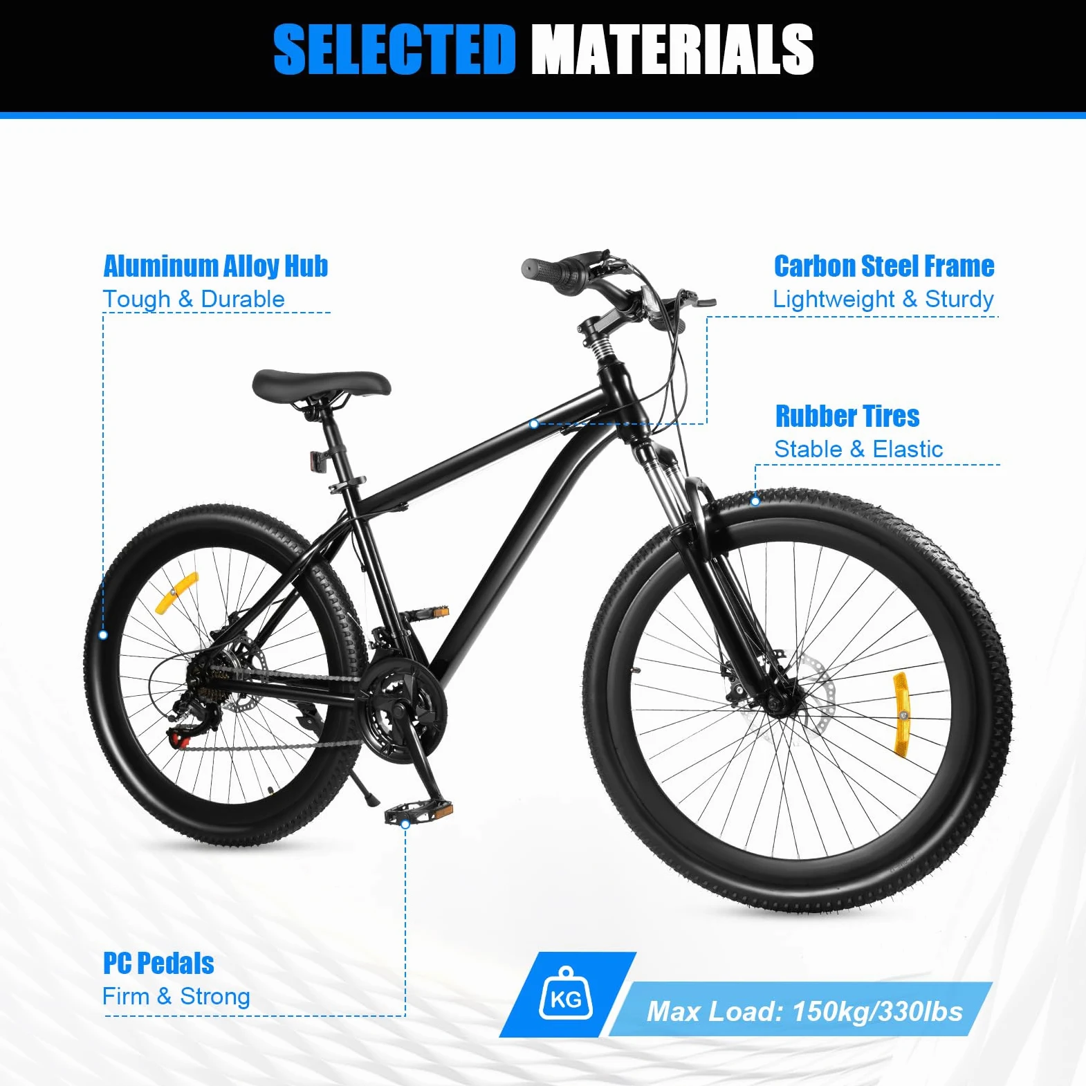 Bicicleta de montaña de 26 pulgadas, bicicletas de 21 velocidades, acero al alto carbono, para adultos, para uso diario, viajes al aire libre, hasta 150 kg, color negro
