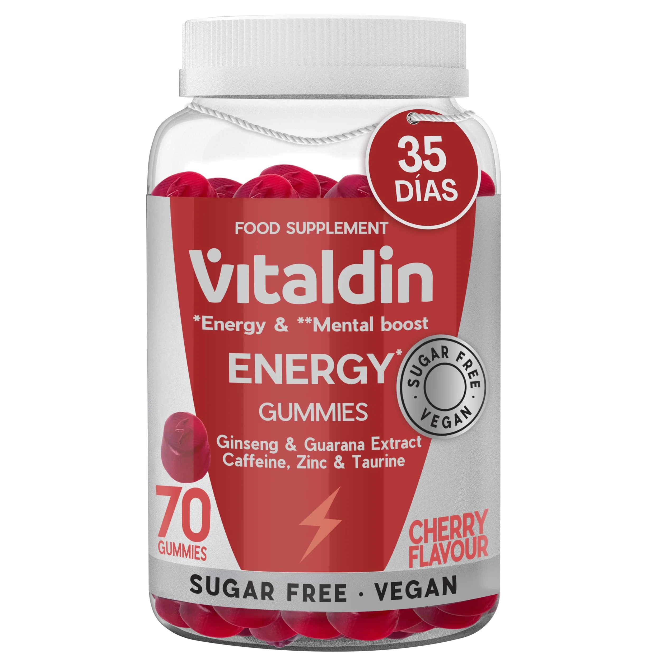VITALDIN Energy Gummies Veganas Sin Azúcares Añadidos con Ginseng Guaraná Cafeína Taurina Vitaminas B 70 gomas