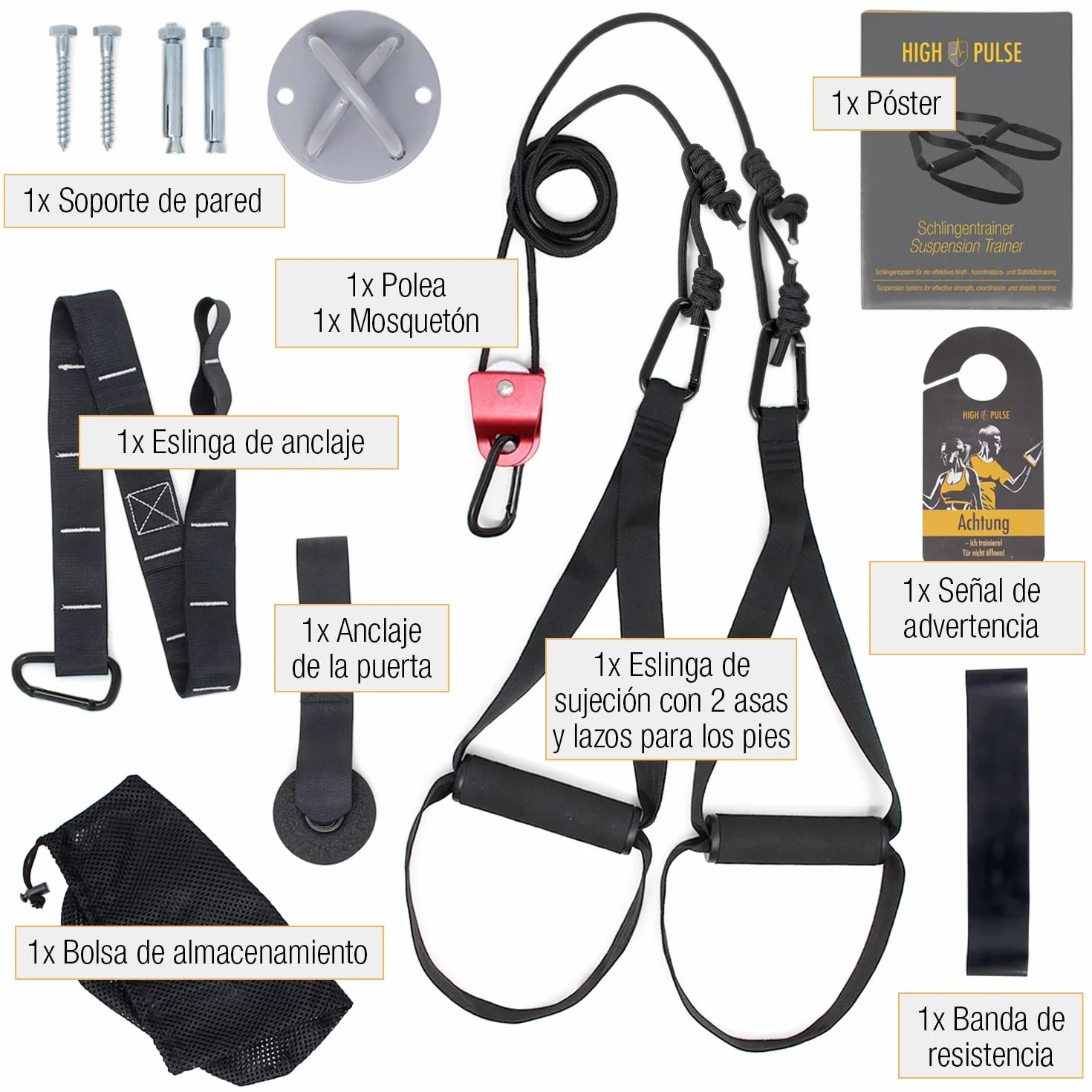 High Pulse Entrenamiento Suspension (7 Piezas) – Kit Fitness + polea, Anclaje para Puerta, fijación para Pared, póster, Cartel para Puerta, Funda y Banda de Resistencia