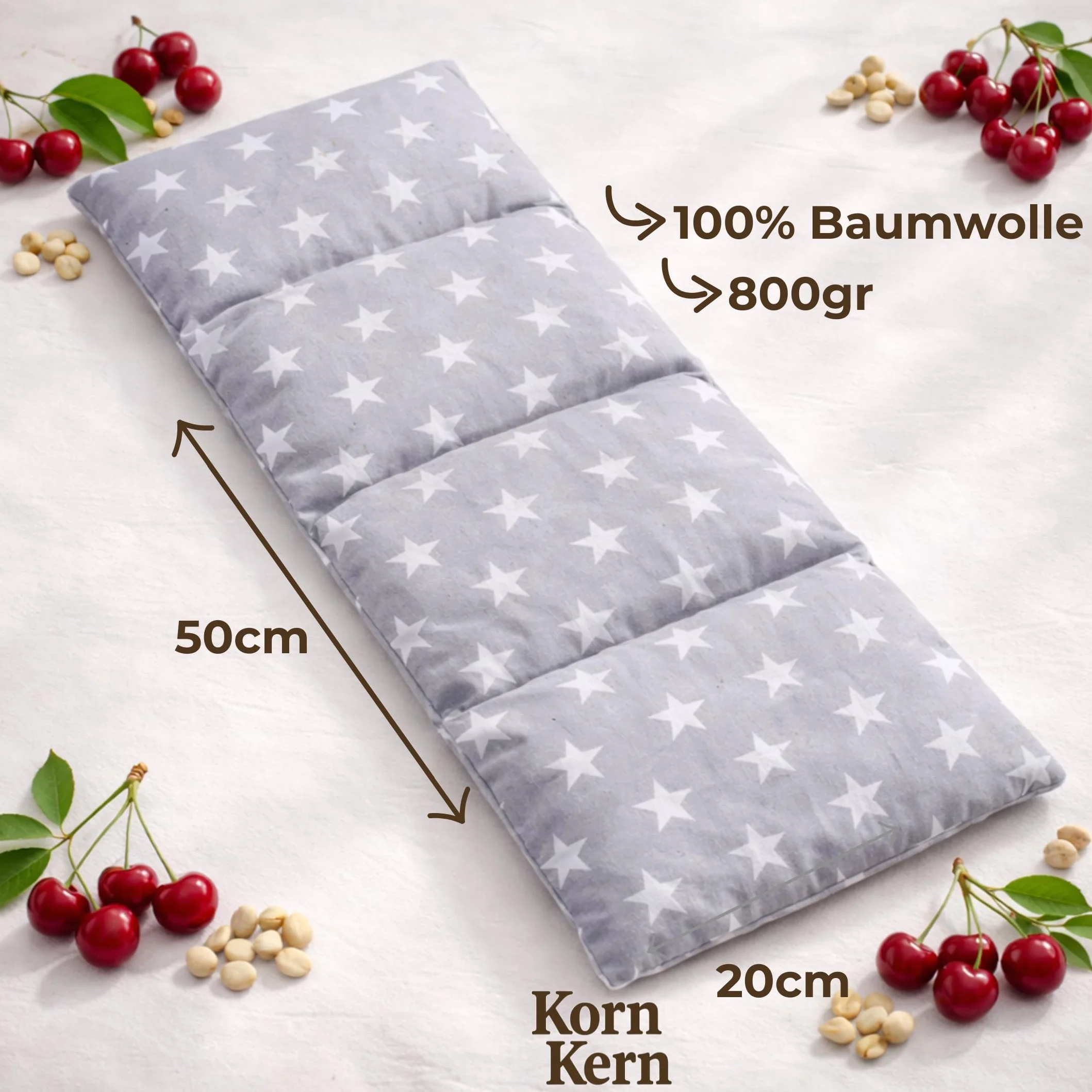 Cojín térmico de huesos de cereza KORN&KERN Manufaktur 20 x 50 cm 800 g apto para microondas diseño de estrellas