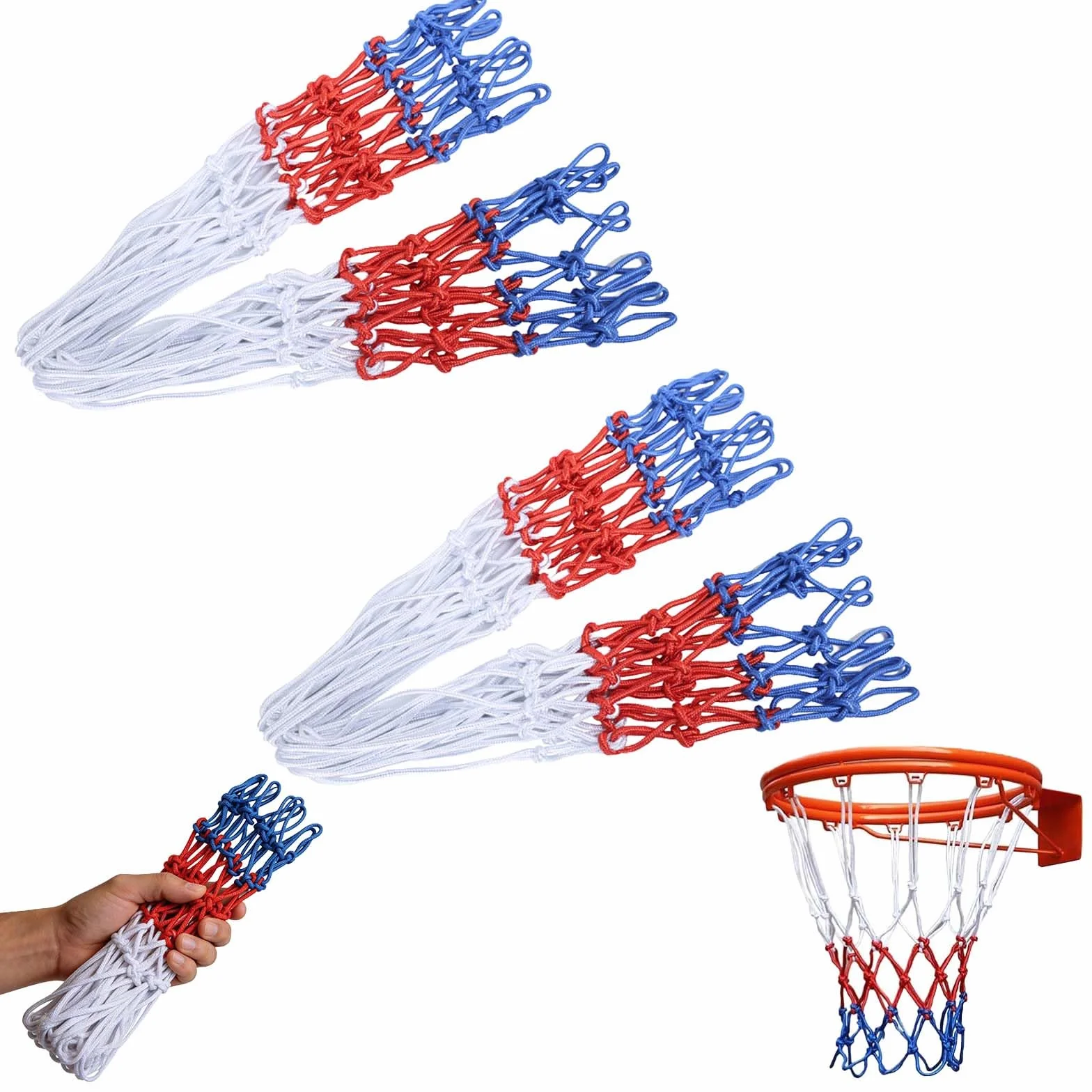Red de Baloncesto Tricolor Blanco Azul Rojo Pack 4 Redes Aro Estándar 12 Lazos Poliéster Resistente para Interior Exterior Canasta