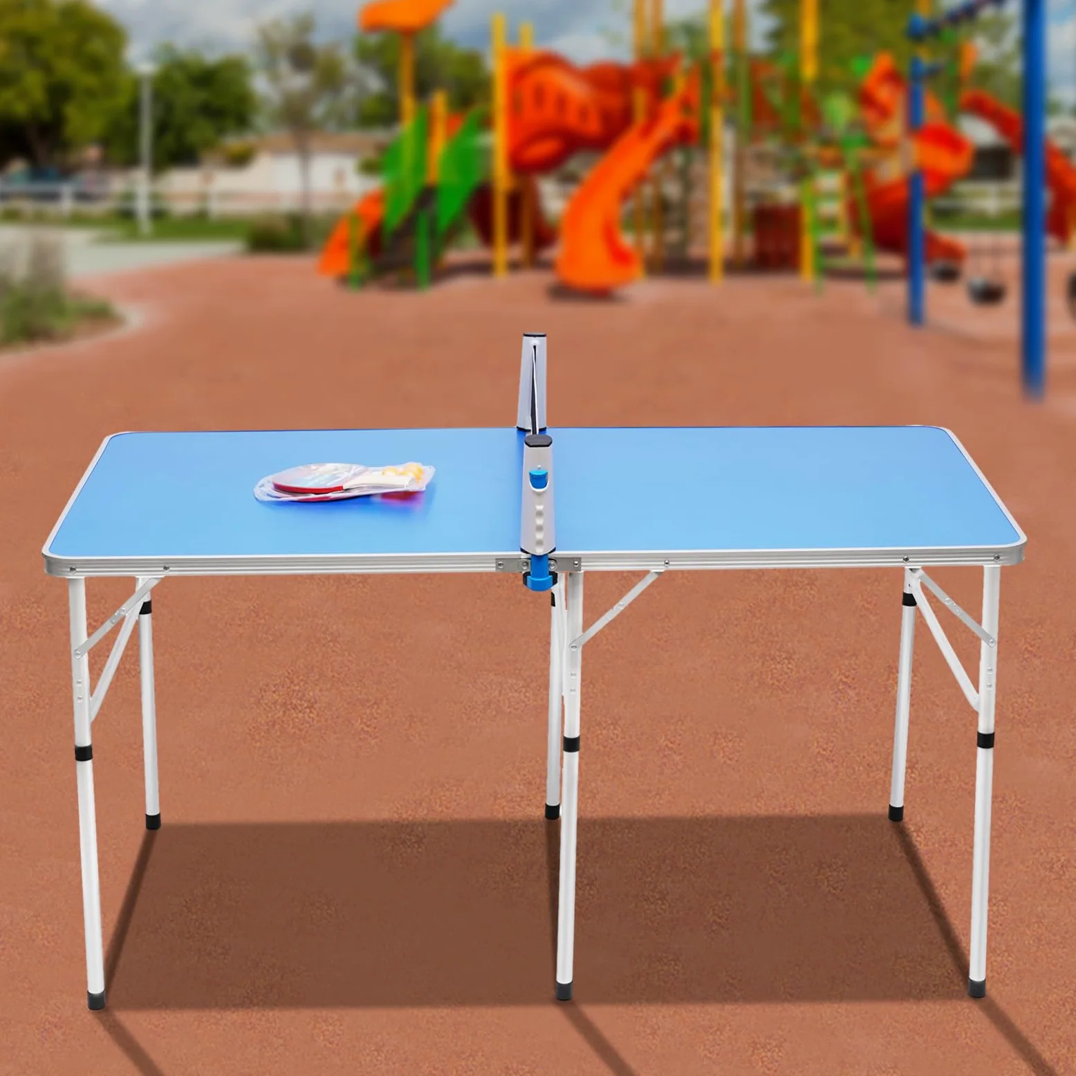 Mesa de ping pong plegable, mini mesa de ping pong con 2 raquetas, 3 pelotas y red de ping pong, mesa de ping pong para interior y exterior, 152 x 76 x 76 cm