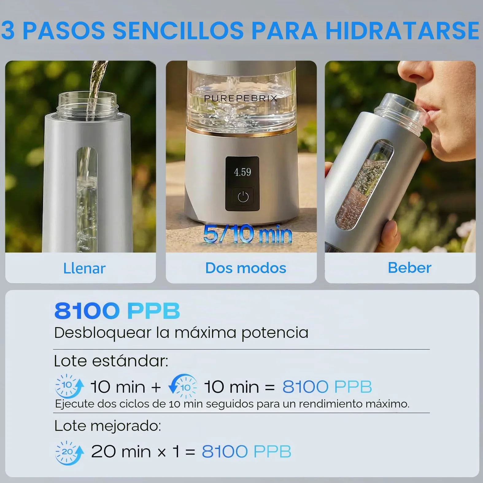 PUREPEBRIX Generador de botellas de agua de hidrógeno hasta 8100 PPB de hidrógeno molecular