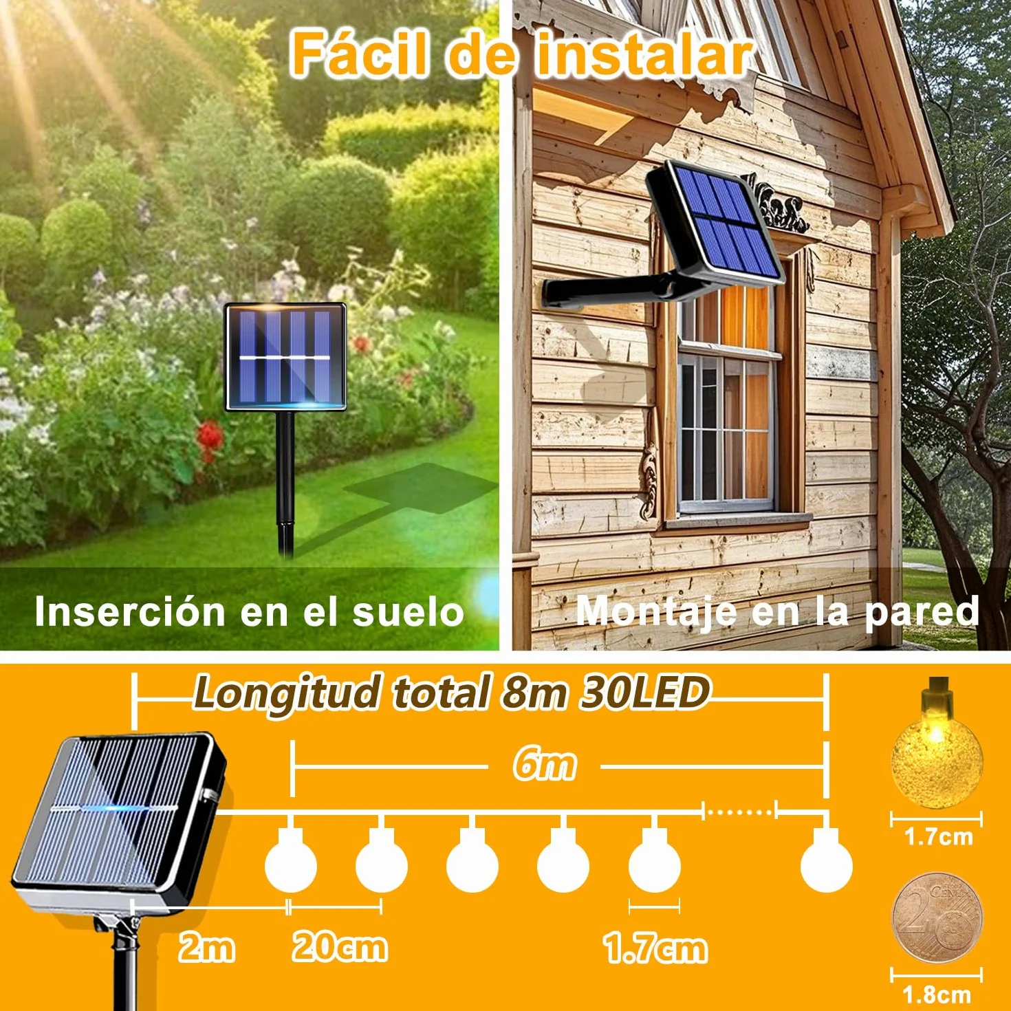Taiyongkang Guirnaldas Luces Exterior Solar 30 LED 8 m IP65 Cadena de Luces Solares Blanco Cálido