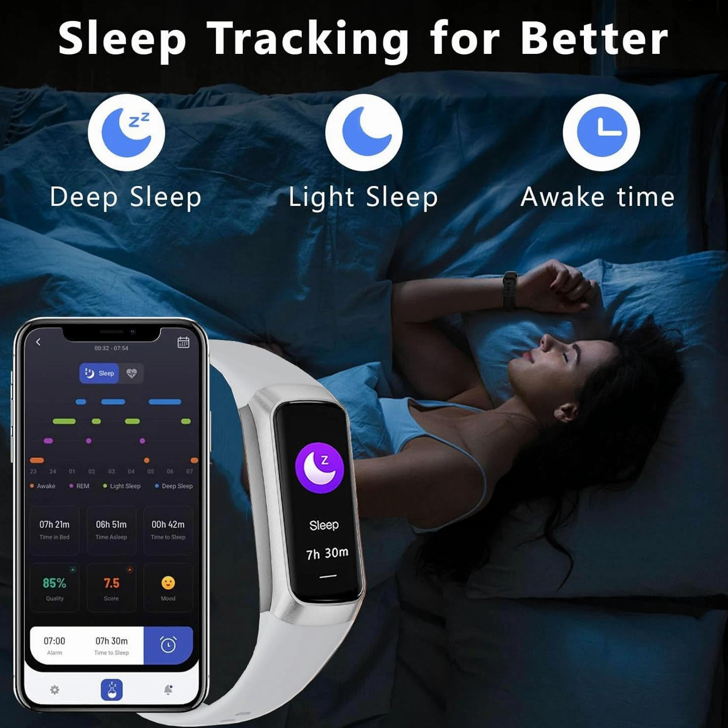 Rastreador de fitness con monitor de frecuencia cardíaca de oxígeno en sangre 24/7 y sueño, IP68 impermeable, pantalla táctil AMOLED de 1.10 pulgadas, contador de pasos, seguimiento de