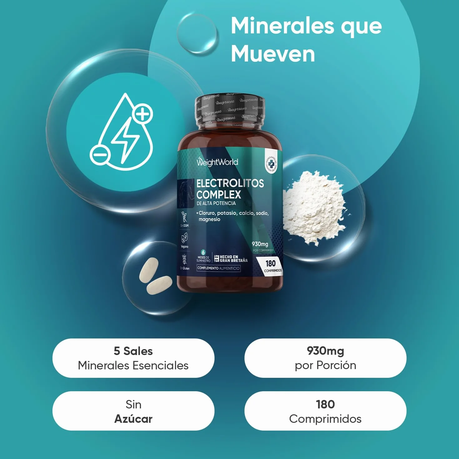 Electrolitos Keto Sin Azúcar 930mg 180 Comprimidos Veganos Magnesio Potasio Sodio Calcio Cloruro Sales Minerales Deporte 6 Meses Sin OGM Gluten