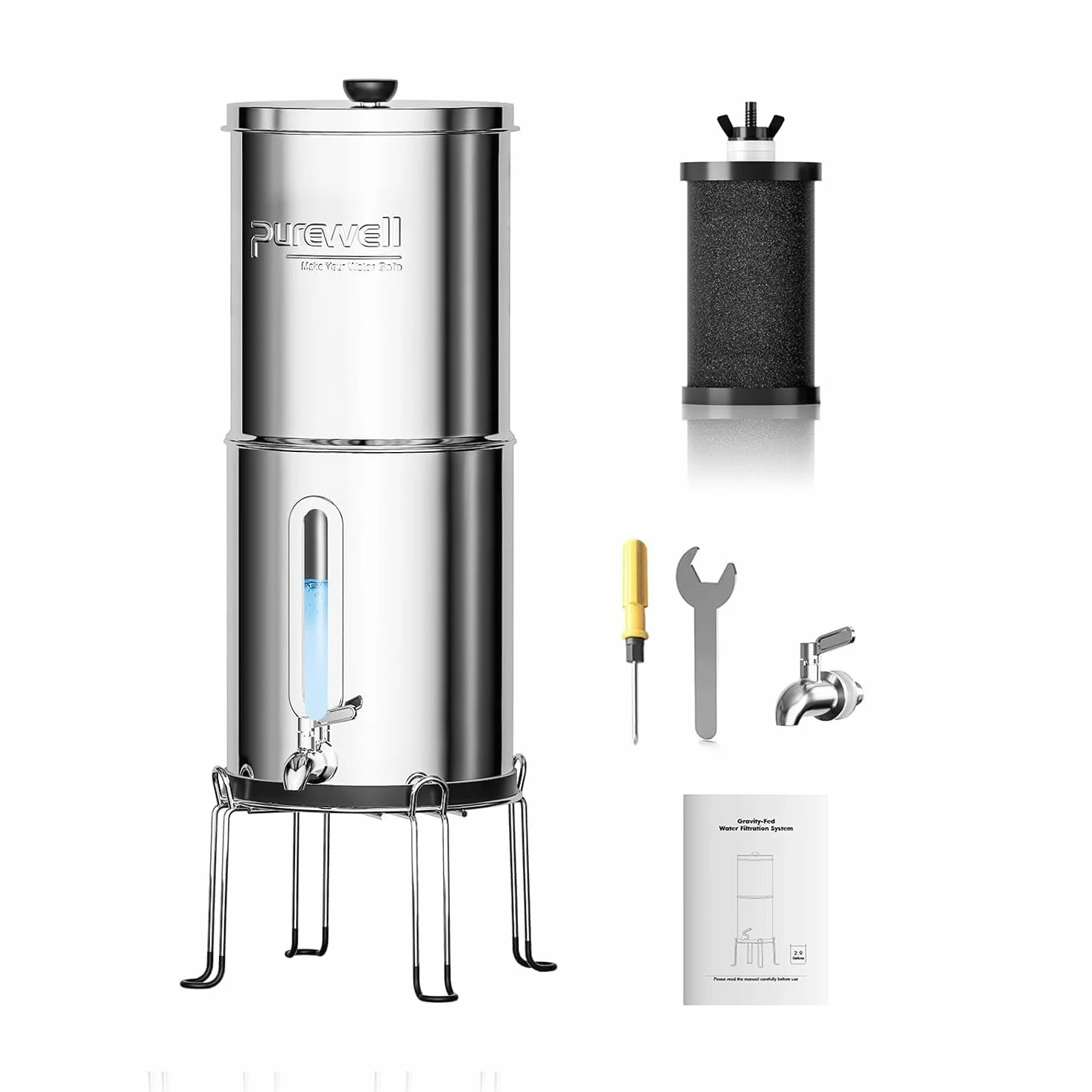 Purewell Filtro de agua por gravedad portátil 3,8L - Sistema de filtración de 3 etapas 0,01 μm con ventana de nivel de agua y soporte, reduce el 99% del cloro, para camping, camping y casa