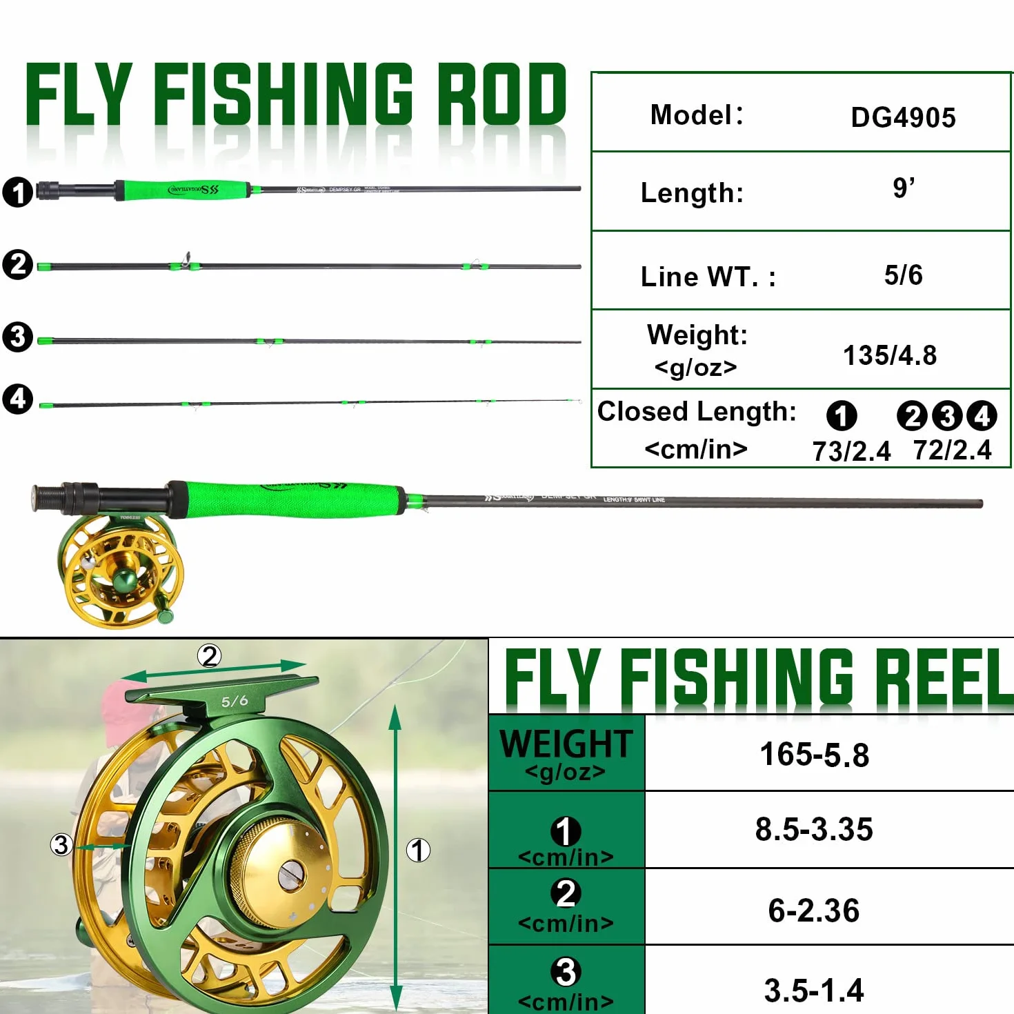 Sougayilang Kit de iniciación de Pesca con Mosca estándar, caña de Pescar de 9 pies de Peso de 5/6 con Mango de superpolímero, Accesorios, Funda de Transporte, Caja de Moscas y Moscas de Pesca