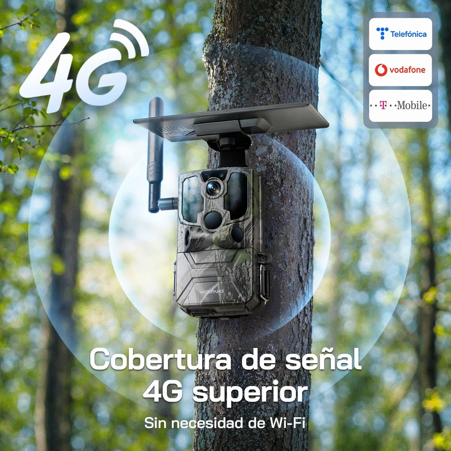 WOLFANG Cámara de Caza Solar, 4G LTE Camara Fototrampeo 2.5K con Detección PIR Nocturna por Infrarrojos Invisible, Alerta, Audio Bidireccional, IP66 para Vida Silvestre y Monitoreo de Seguridad