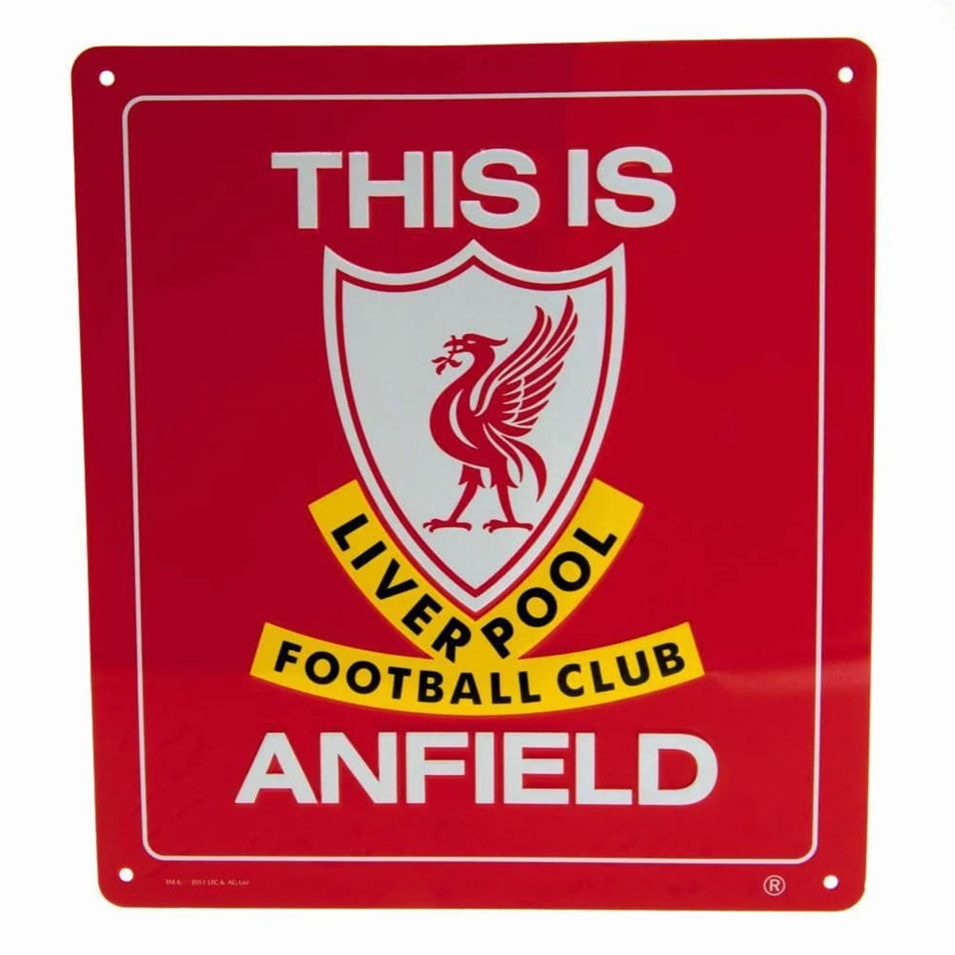 Cartel de metal oficial del Liverpool FC con texto en inglés "This is Anfield"