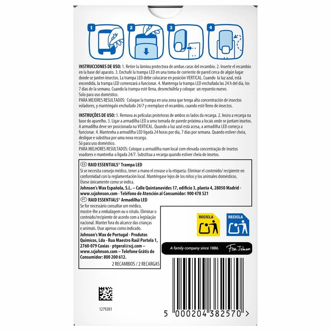 Raid Essentials 2 x Recambio para Trampa LED Antimoscas, Antimoscas de Fruta y Antipolillas, Sin Insecticida, Protección 24/7, para Uso Interior, Paquete de 2