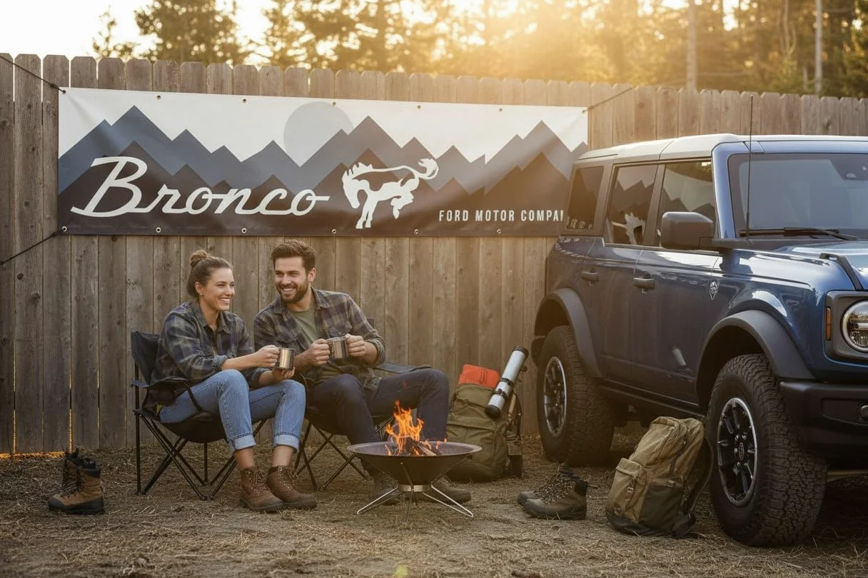 Cartel de vinilo largo resistente con logotipo de Ford Bronco Mountains con ojales de latón, disponible en 3 tamaños, bandera perfecta para paredes de garaje/granero, colgar de las vigas, cueva de