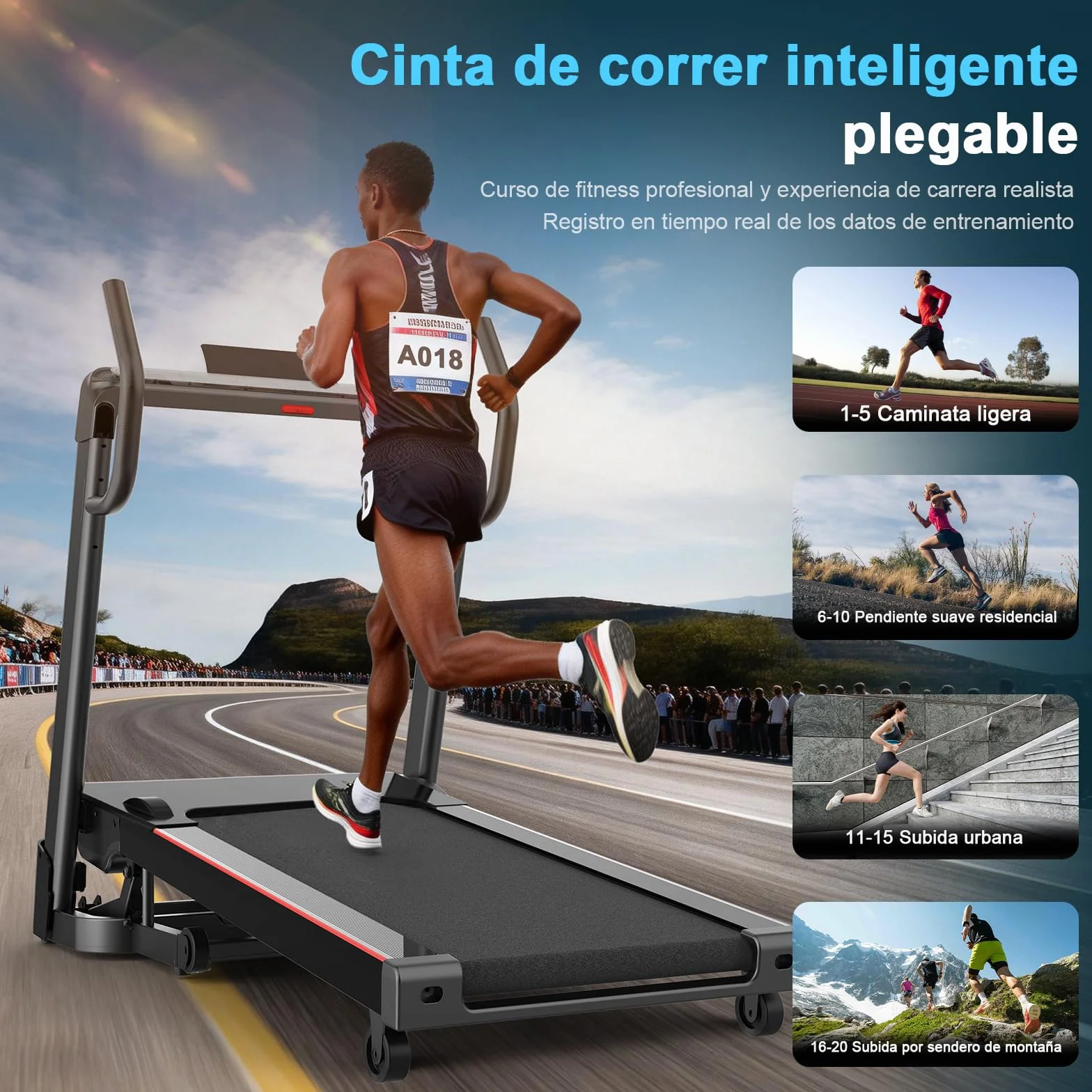 Cinta de Correr Plegable Profesional con App, Motor 7 CV 18 km/h, Inclinación Automática 20 Niveles, Máquina de Correr para Gimnasio en Casa, Carga 180 kg, Bluetooth, Silenciosa, Pantalla LED