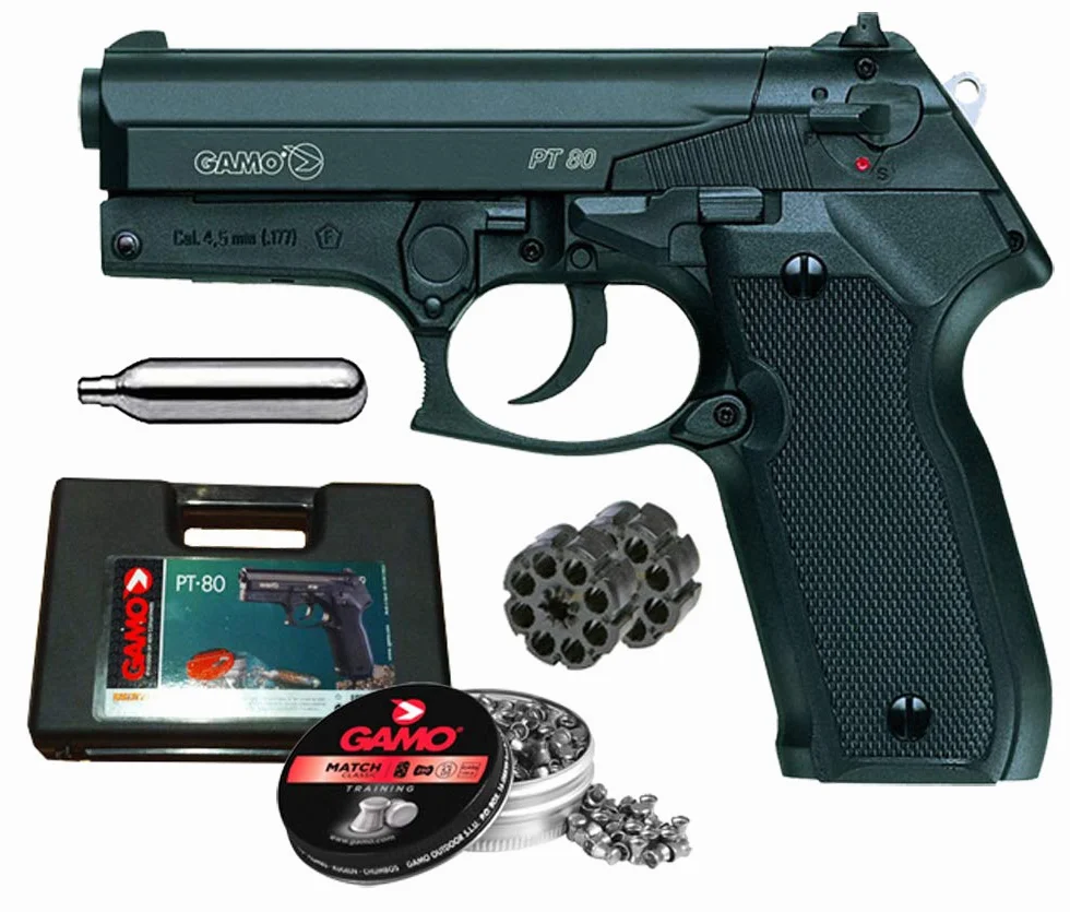 Tiendas LGP - Gamo, Pistola perdigón Gamo PT-80. Calibre 4,5 mm. 3,5 Julios + Maletín de Transporte + 250 balines + 2 Cargadores + Bombona CO2